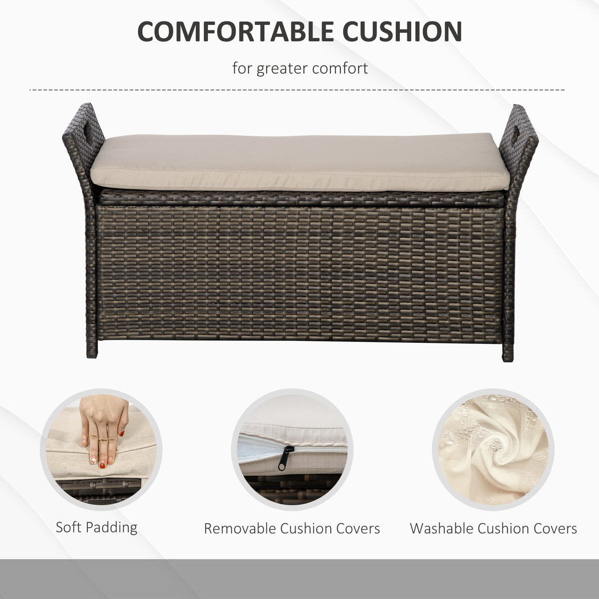 Outsunny 27 Gallon Patio Wicker Storage Bench, Outdoor Pe Rattan Patio Furniture, 2 In 1 Large Capacity Rectangle Garden Storage Box With Handles And Cushion, Cream White Brown White Steel