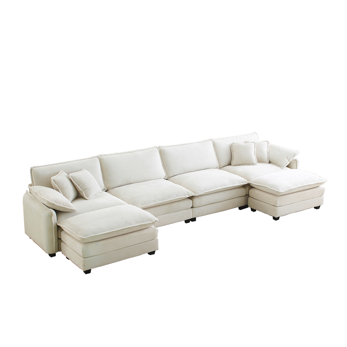 Over Size U Shape Corduroy Sofamodern Upholstered 4 Seater Sofa With 2 Ottomans, Premium Soft Corduroy Fabric Sofa Beige Corduroy 4 Seat