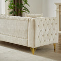 Chenille Pull Buckle Design Sofa For Living Room,Buttons Tufted With Copper Nail Decoration Armrest, Modern Couch Upholstered Button And Metal Legs Beige Foam Chenille 6 Seat