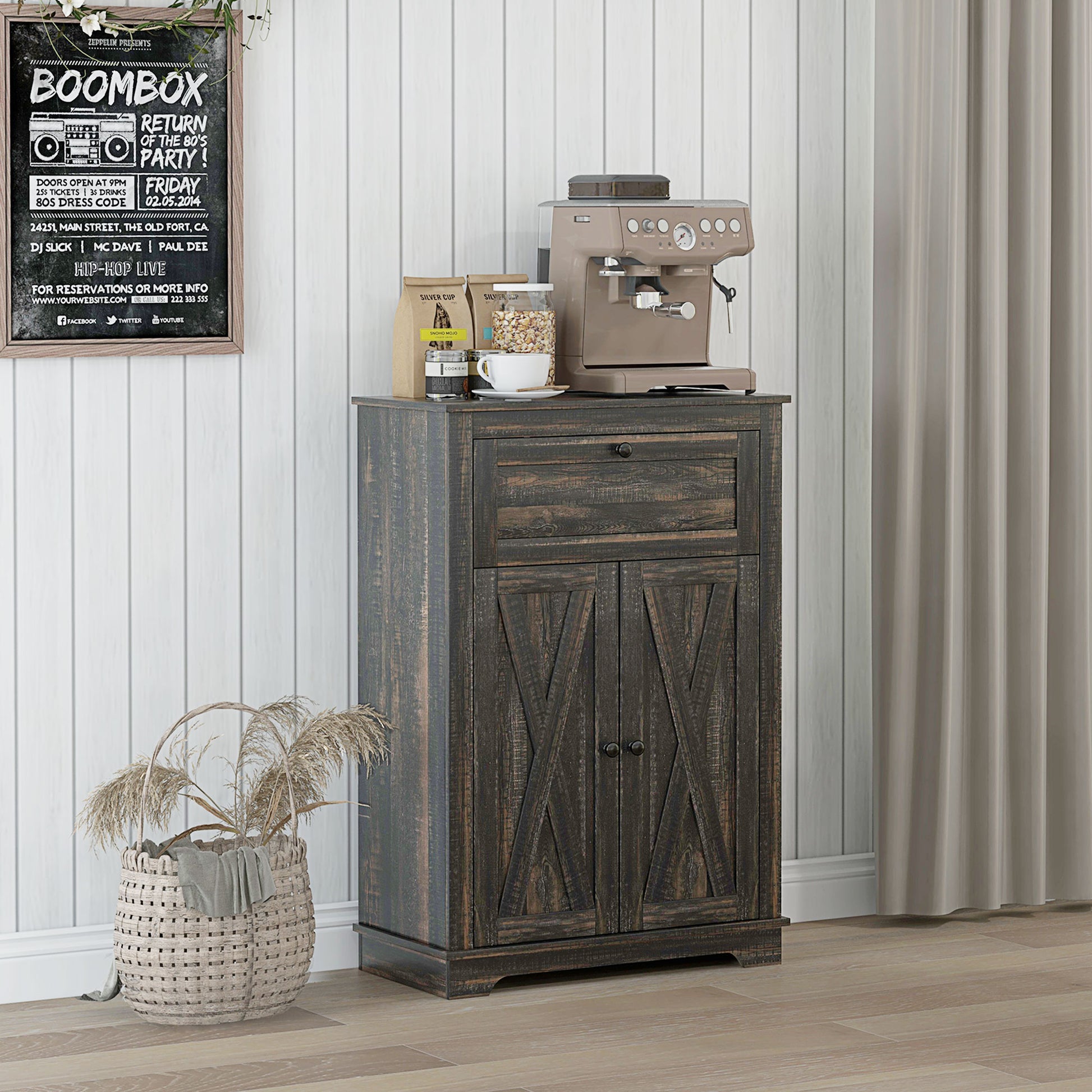 Homcom Farmhouse Barn Door Accent Cabinet, Kitchen Sideboard Storage Cabinet With Double Doors, Drawer, And Adjustable Shelf For Bedroom, Living Room, Dark Brown Brown Particle Board