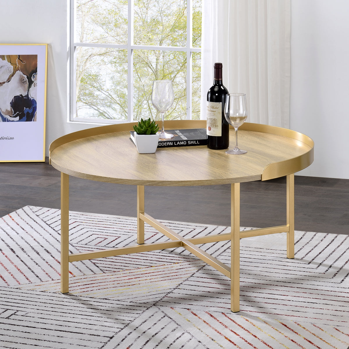 Oak And Gold Coffee Table With Tray Top Oak Primary Living Space Modern Round Wood Metal