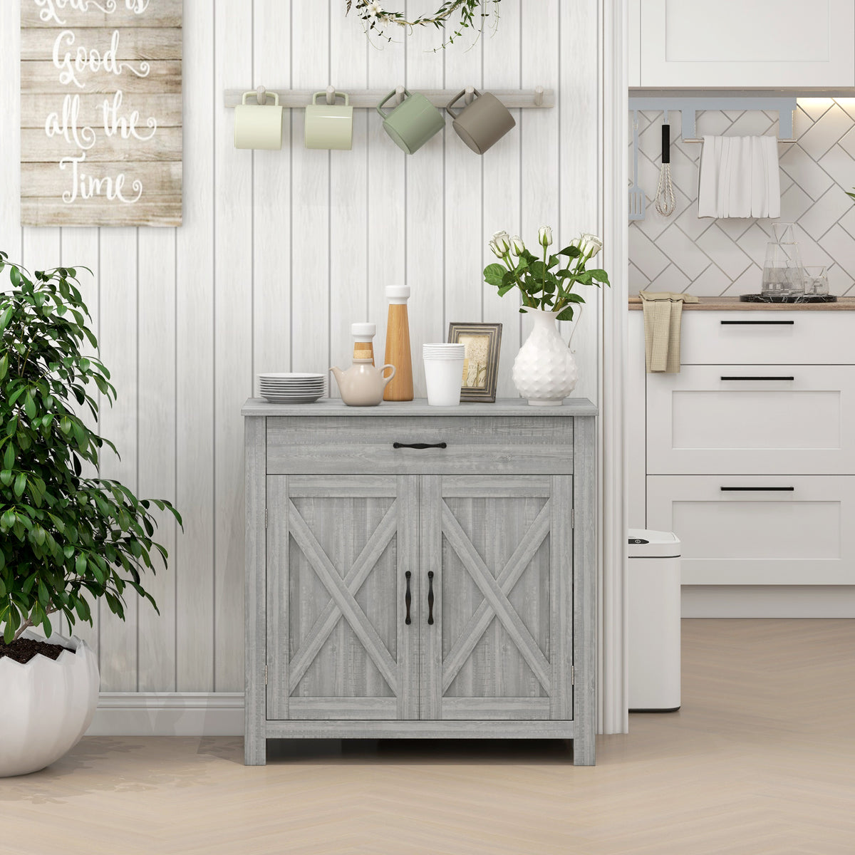 Homcom Farmhouse Sideboard Buffet Cabinet, Barn Door Coffee Bar Cabinet With Drawer And Adjustable Shelf, Kitchen Cabinet For Living Room, Entryway, Stone Gray Stone Gray Mdf