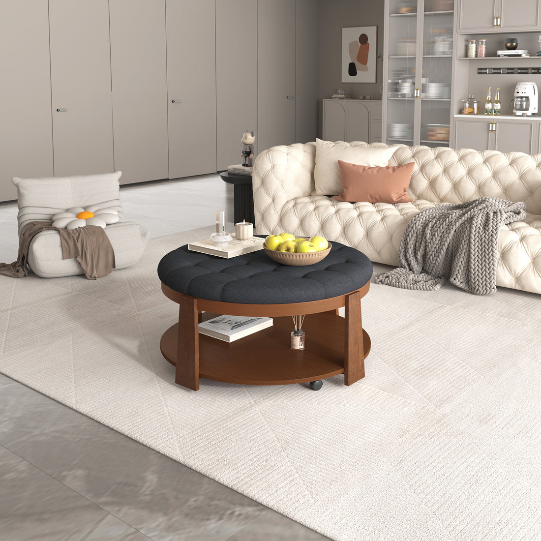 Modern Large Round Ottoman Coffee Table 2 Tier Oversized Button Tufted Ottoman With Wood Shelf Storage Upholstered Coffee Table For Living Room Footrest Ottoman With Wheel, Waterproof Linen Black Brown Rubber Wood