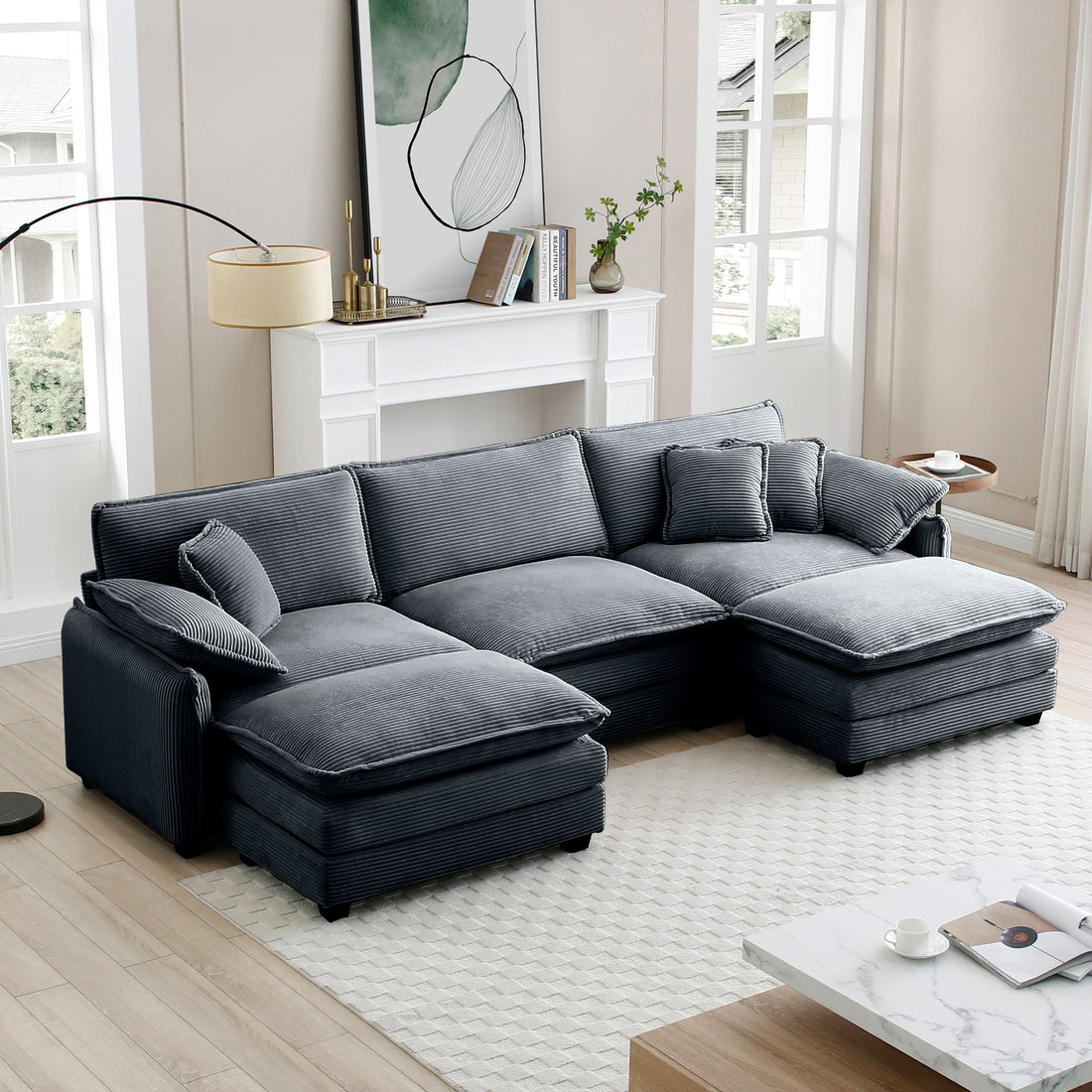 Oversized Modular Cushioned Sofa With Conversible Ottoman, 3 Seater Sofa With 2 Footstools, U Shape Sofa Ingrey Corduroy Fabric Grey Corduroy 3 Seat