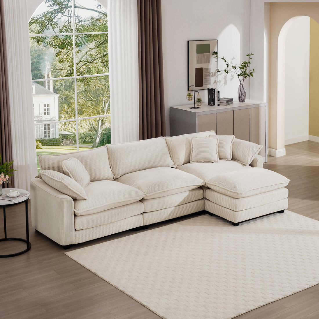 Sectional Sofa Modular Deep Seat 3 Seat Sofa Couch With Ottoman,Comfy Upholstered Furniture For Living Room,Light Beige Corduroy Sofa Beige Corduroy 3 Seat