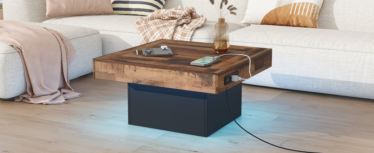 31.4'' X 31.4'' Farmhouse Coffee Table With 2 Usb Ports And Outlets, Brown Spliced Wood Grain Center Table With Led Light, Rustic Cocktail Table With Charging Station For Living Room, Black Black Primary Living Space Square Particle Board