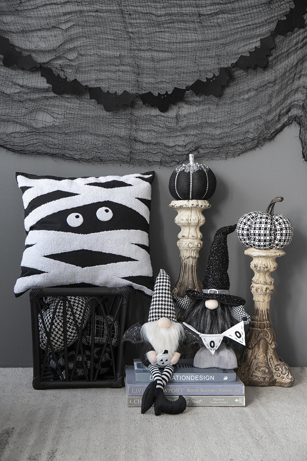 4.3X3.5X23.5" Fabric Sitting Black Gnome With Wings & Black White Plaid Hat, For Halloween Decor Black White Polyester
