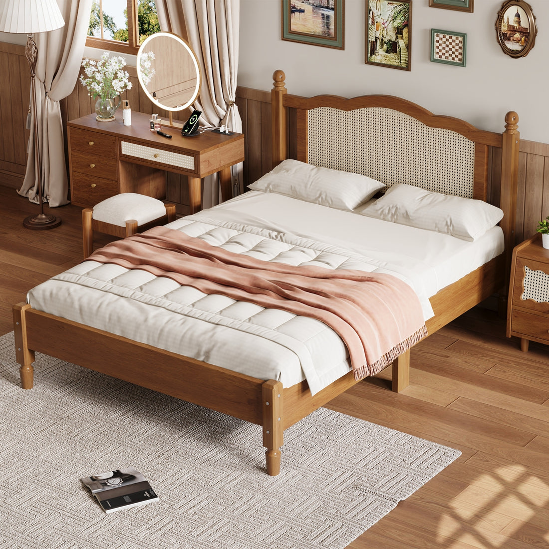 Full Size Wooden Platform Bed With Natural Rattan Headboard, Vintage Bed Frame With Wooden Slat Support, Walnut Box Spring Not Required Full Walnut Wood