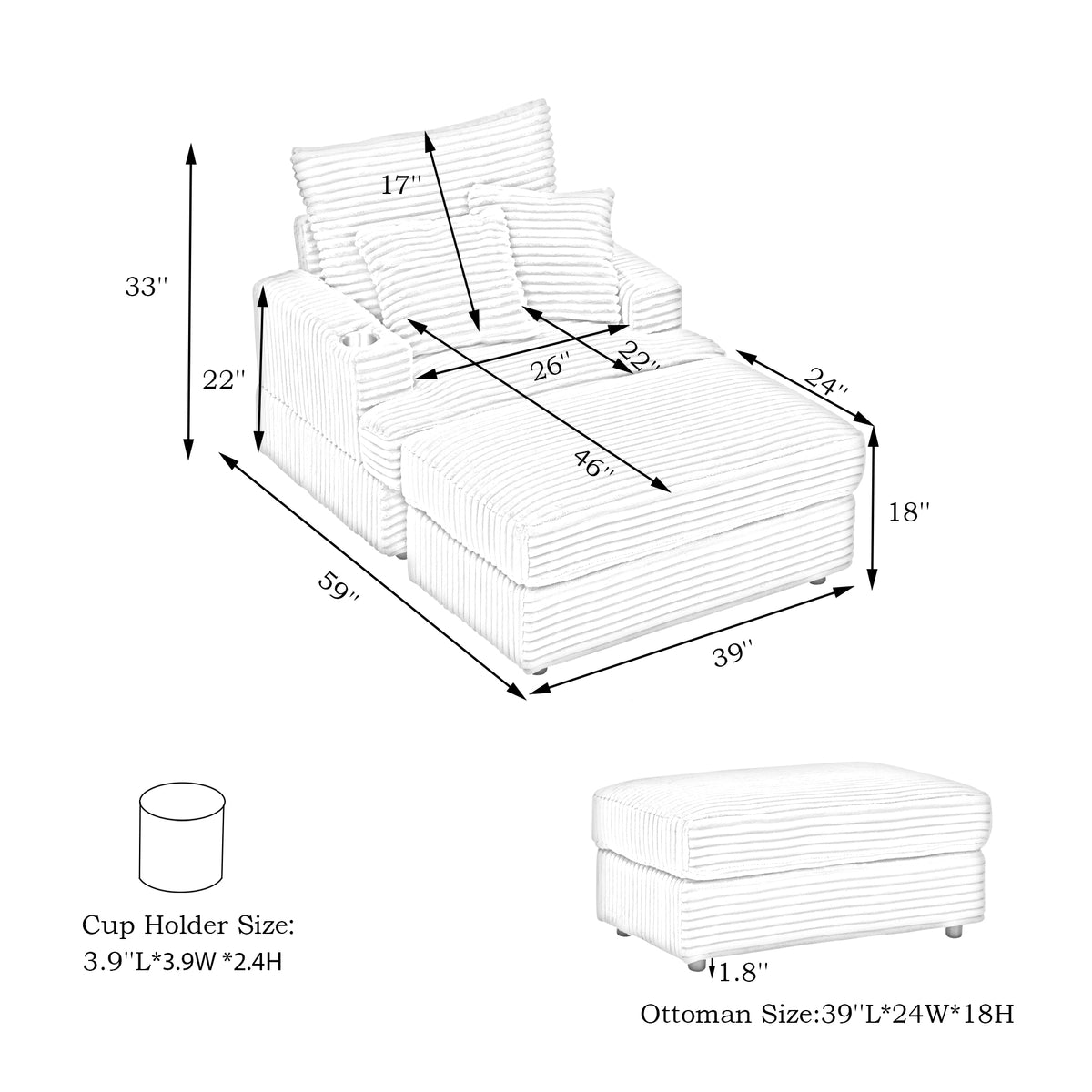 39 Inch Spring Upholstered Armchair And Ottoman Set Comfortable Single Sofa With Cup Holder And Corduroy Fabric, Perfect For Living Room Or Bedroom Pink Corduroy 1 Seat