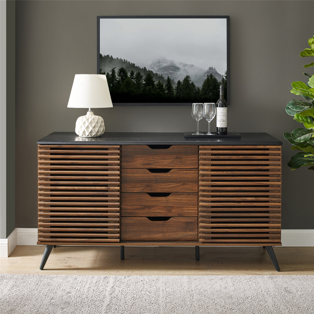 Contemporary Sliding Slat Door Sideboard Ebony Dark Walnut Ebony Mdf