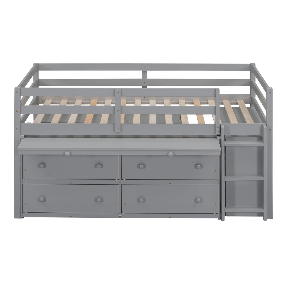 Twin Size Loft Bed With Retractable Writing Desk And 4 Drawers, Wooden Loft Bed With Lateral Portable Desk And Shelves, Gray Gray Solid Wood Mdf