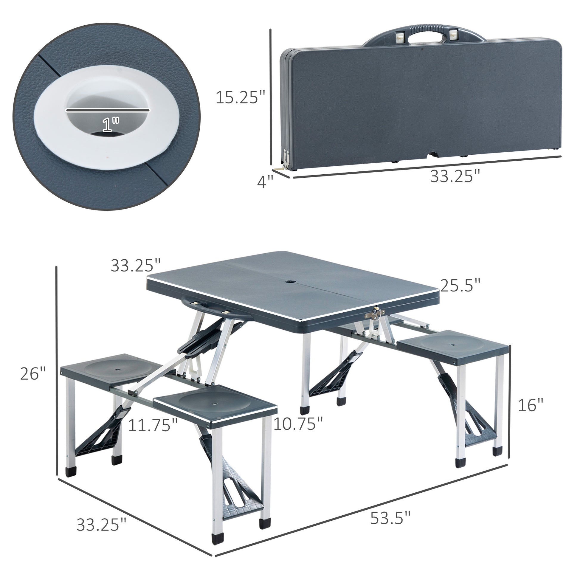 Outsunny Folding Picnic Table With Seats And Umbrella Hole, Portable Camping Chairs Set, 4 Seat, Aluminum Frame, Dark Gray Dark Grey Aluminum