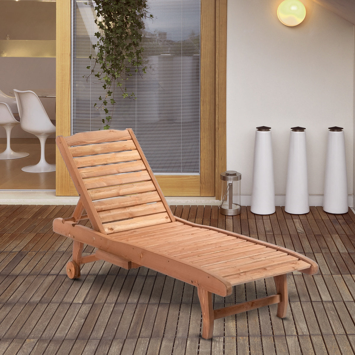 Outsunny Outdoor Chaise Lounge Pool Chair, Built In Table, Reclining Backrest For Sun Tanning Sunbathing, Rolling Wheels, Red Wood Look Natural Wood Wood