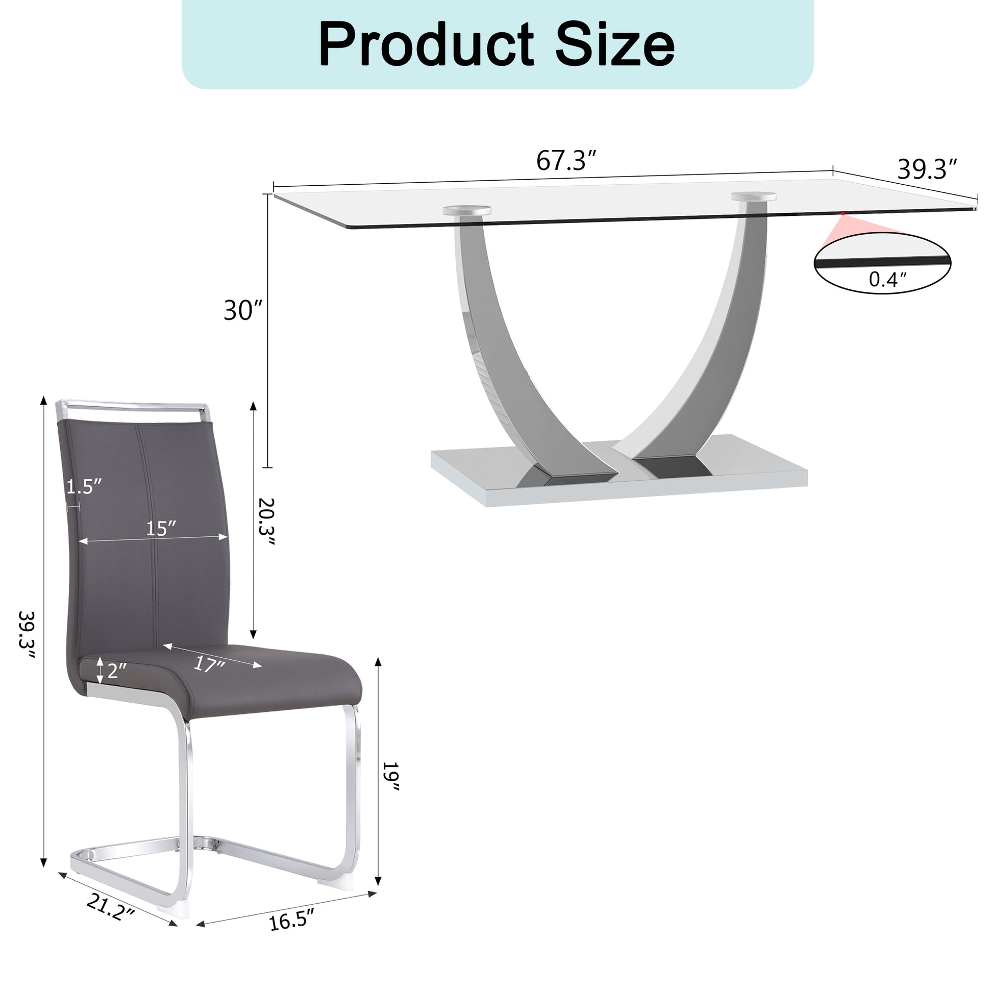 Table And Chair Set. Large Modern Rectangular Table With Glass Top And Silver Metal Legs. Furnished With Soft And Comfortable Pu Chairs With Faux Leather Upholstered Seats And Silver Metal Legs. Gray Silver Seats 6 Glass Metal