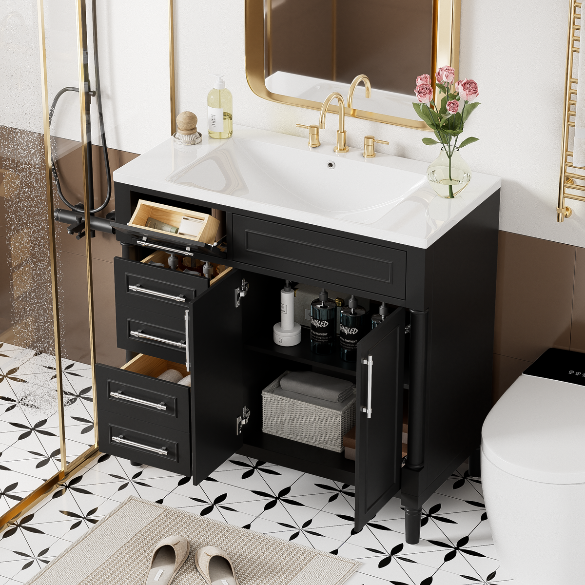 36'' Bathroom Vanity With Top Resin Sink, Freestanding Bathroom Storage Cabinet With 2 Drawers And A Tip Out Drawer, Solid Wood Frame Vanity Set, Height Adjustable Shelf 3 Black 2 2 Adjustable Shelves Bathroom Freestanding Solid Wood Mdf Resin Painted