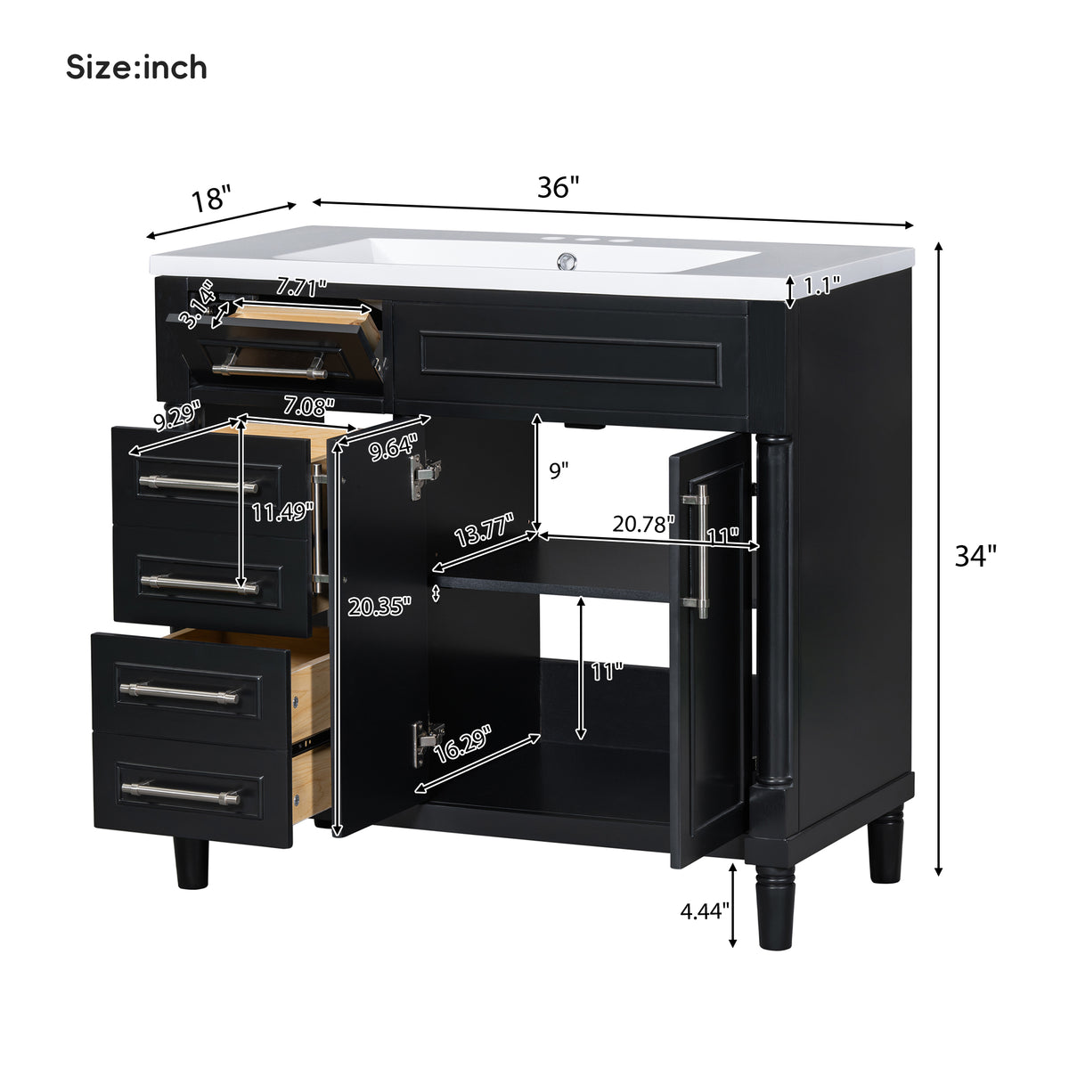 36'' Bathroom Vanity With Top Resin Sink, Freestanding Bathroom Storage Cabinet With 2 Drawers And A Tip Out Drawer, Solid Wood Frame Vanity Set, Height Adjustable Shelf 3 Black 2 2 Adjustable Shelves Bathroom Freestanding Solid Wood Mdf Resin Painted
