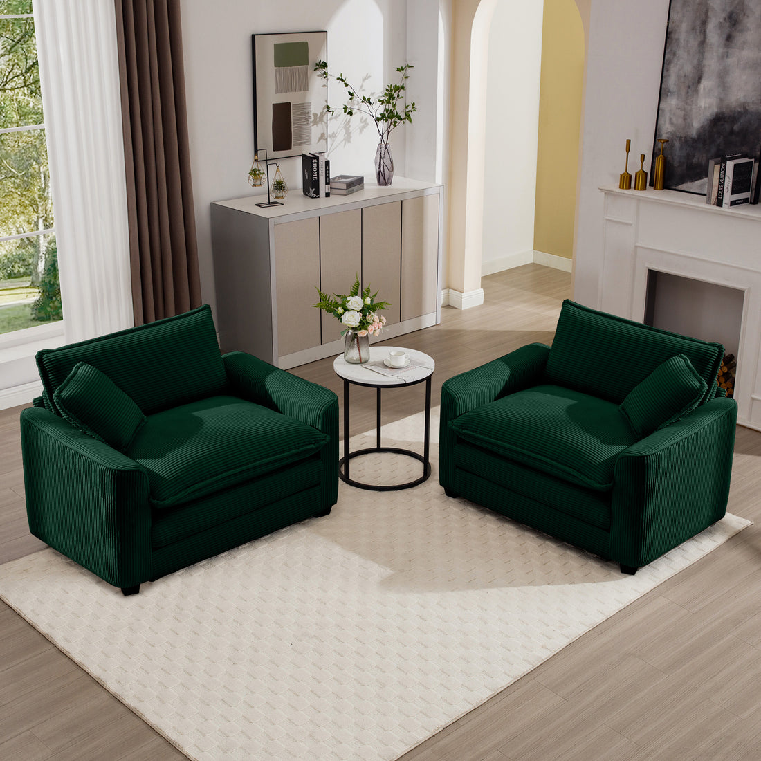 Luxurious And Sophisticated Deep Seated Sofa Set With Two Single Chairs In Green Corduroy Fabric, Suitable For Bedroom And Office Green Corduroy 2 Seat
