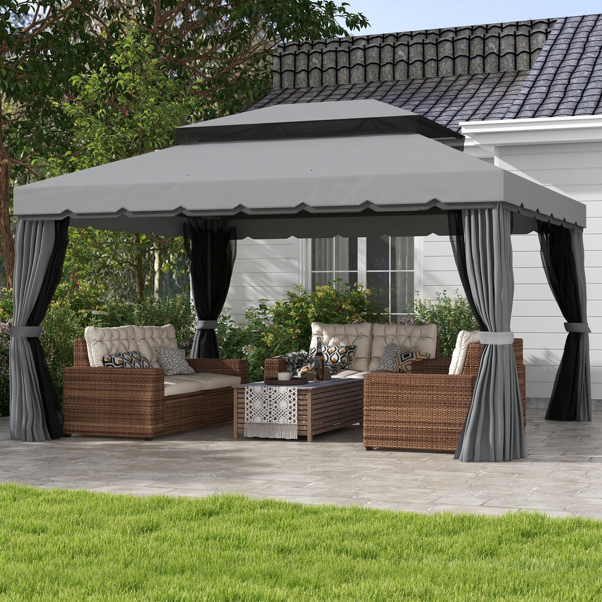 Outsunny 10' X 13' Patio Gazebo, Outdoor Gazebo Canopy Shelter With Netting And Curtains, Aluminum Frame For Garden, Lawn, Backyard And Deck, Gray Gray Aluminum