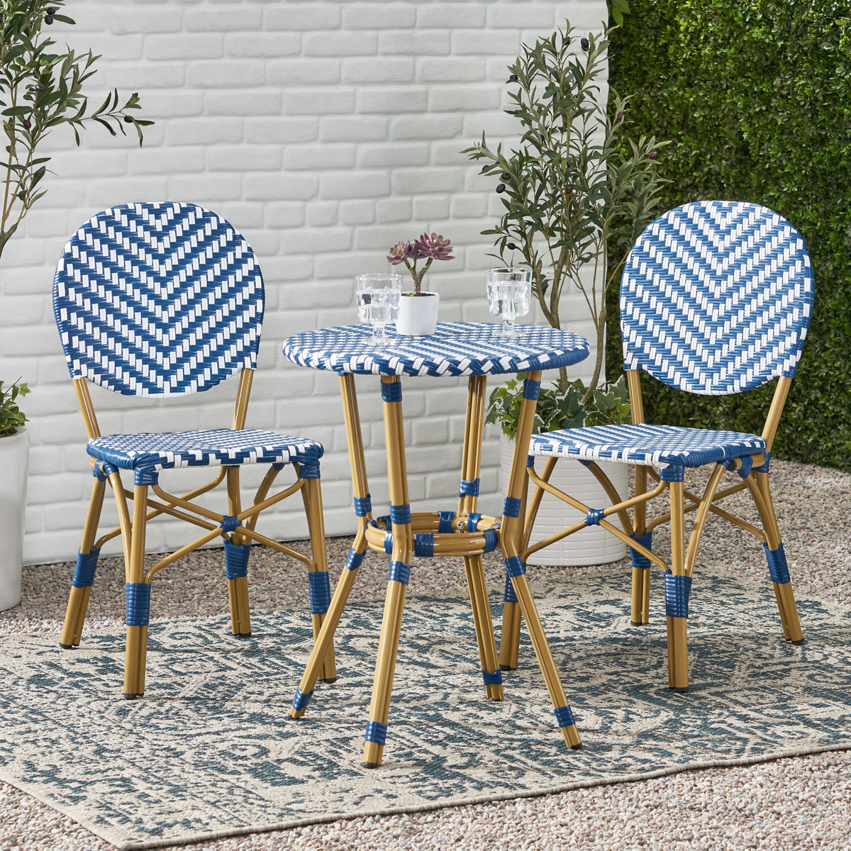 Picardy French Bistro Set Navy Blue Rattan