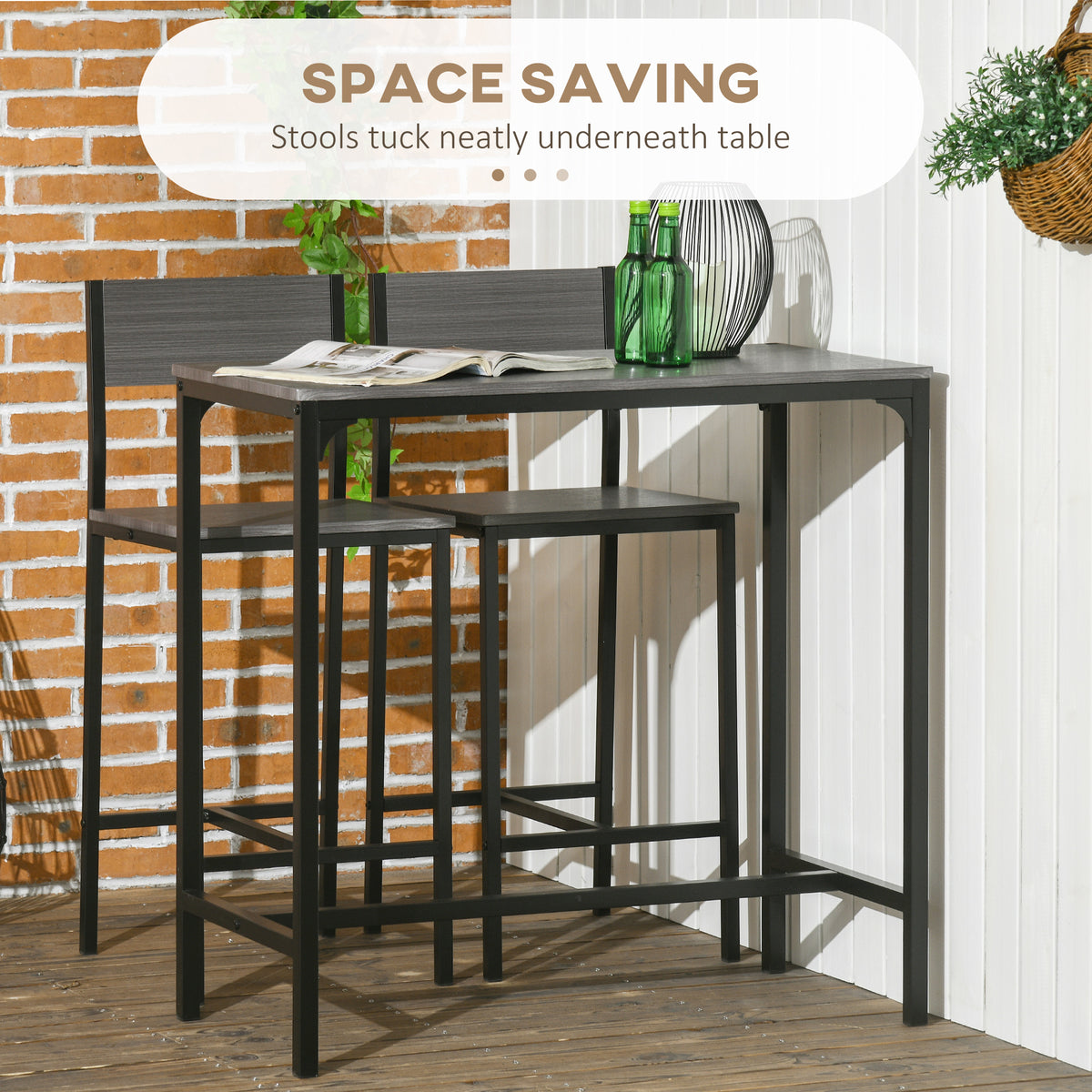 Homcom 3 Piece Bar Table And Chairs, Industrial Dining Table Set For 2, Counter Height Kitchen Table With Bar Stools, Breakfast Table Set For 2 For Small Space, Gray Grey Mdf