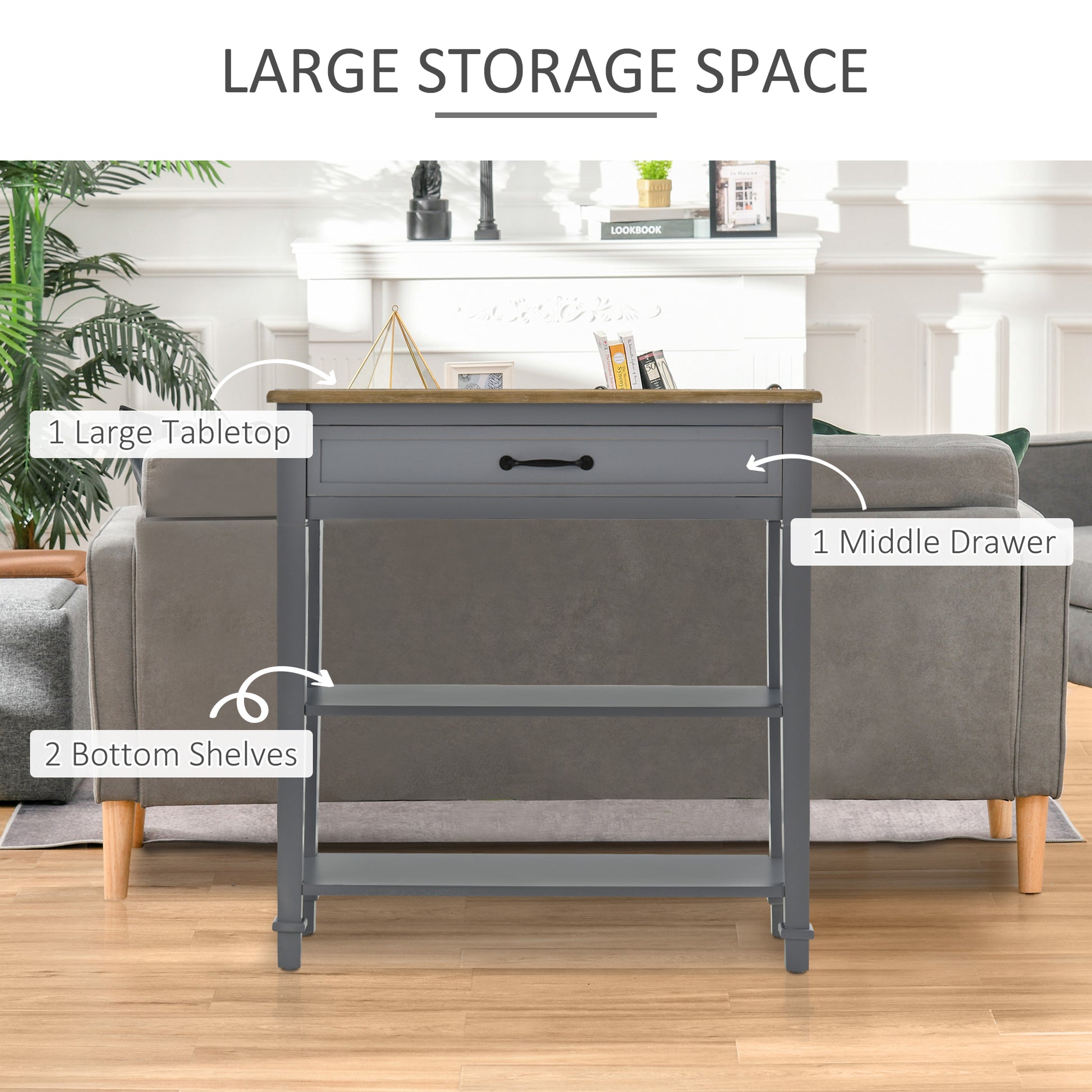 Homcom Modern Style Sofa Console Entry Hallway Table With Drawer And Shelves, Sturdy Build, And Large Storage, Grey Grey Mdf