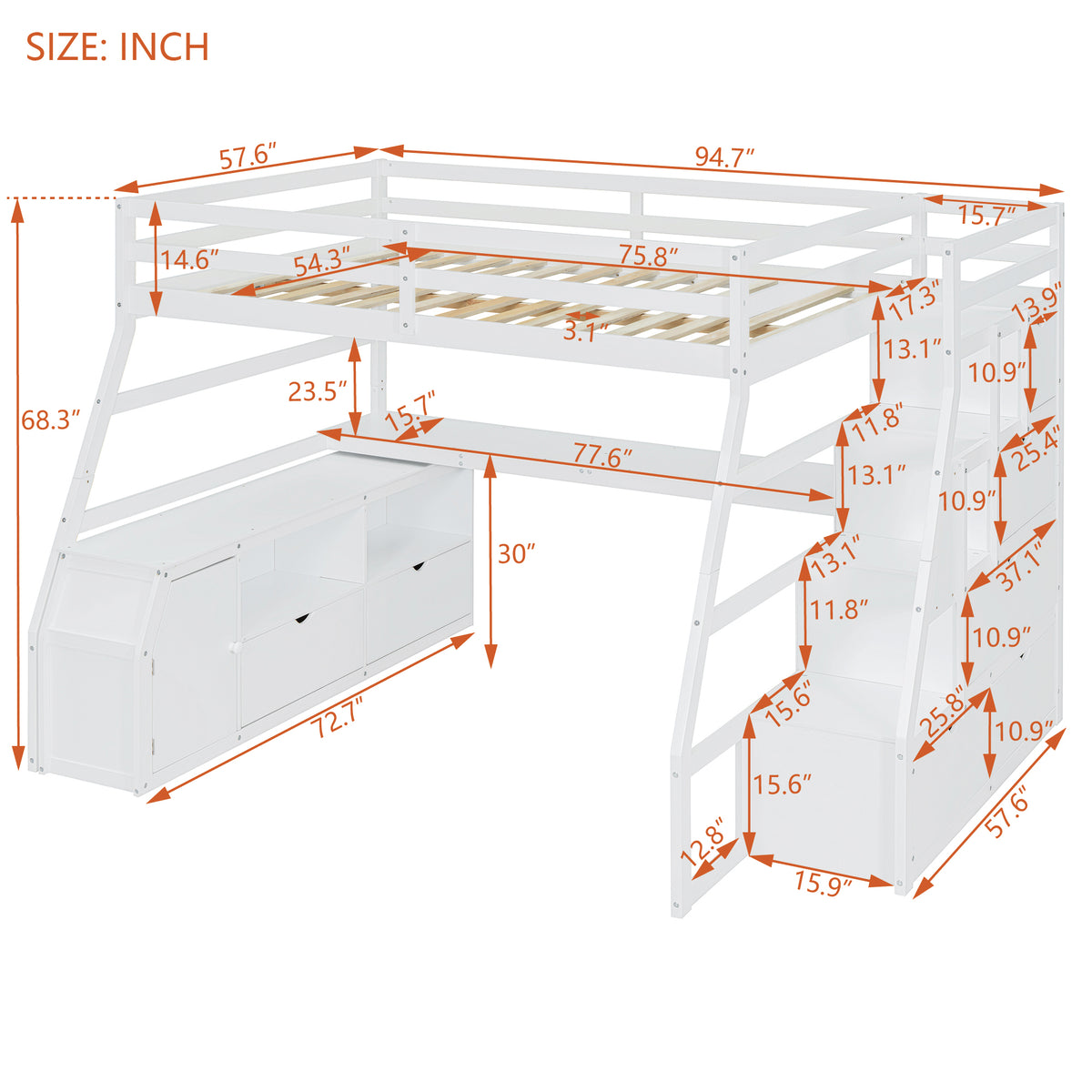 Full Size Loft Bed With 7 Drawers 2 Shelves And Desk White Full White Plywood