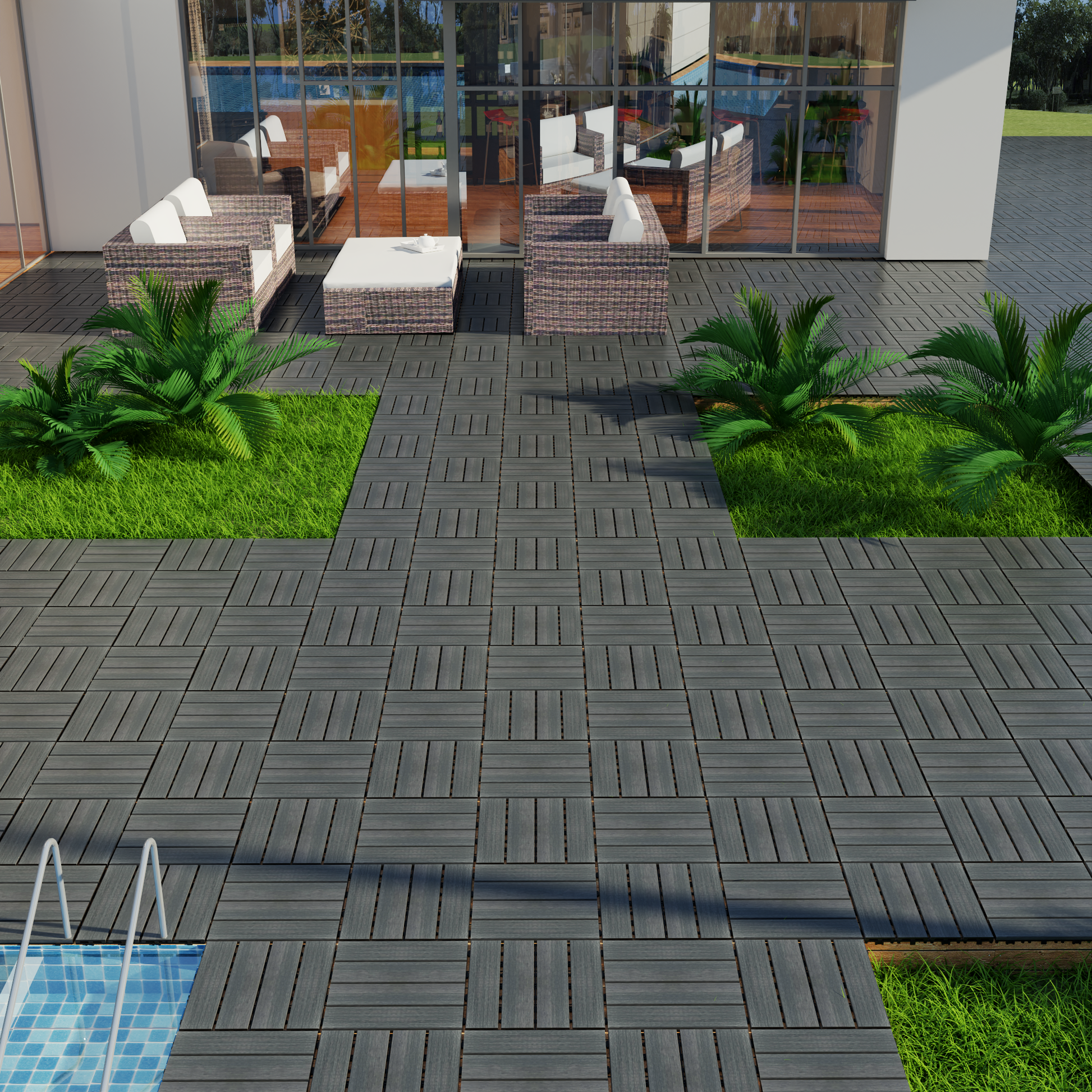Patio Floor Tiles Pack Of 11 Wpc Wood Plastic Composite Patio Deck Tiles Diy Interlocking Decking Tiles, Quick Deck Floor Tile, Court Tile, Water Resistant Indoor Outdoor 11.8" Ash Dark Gray Plastic