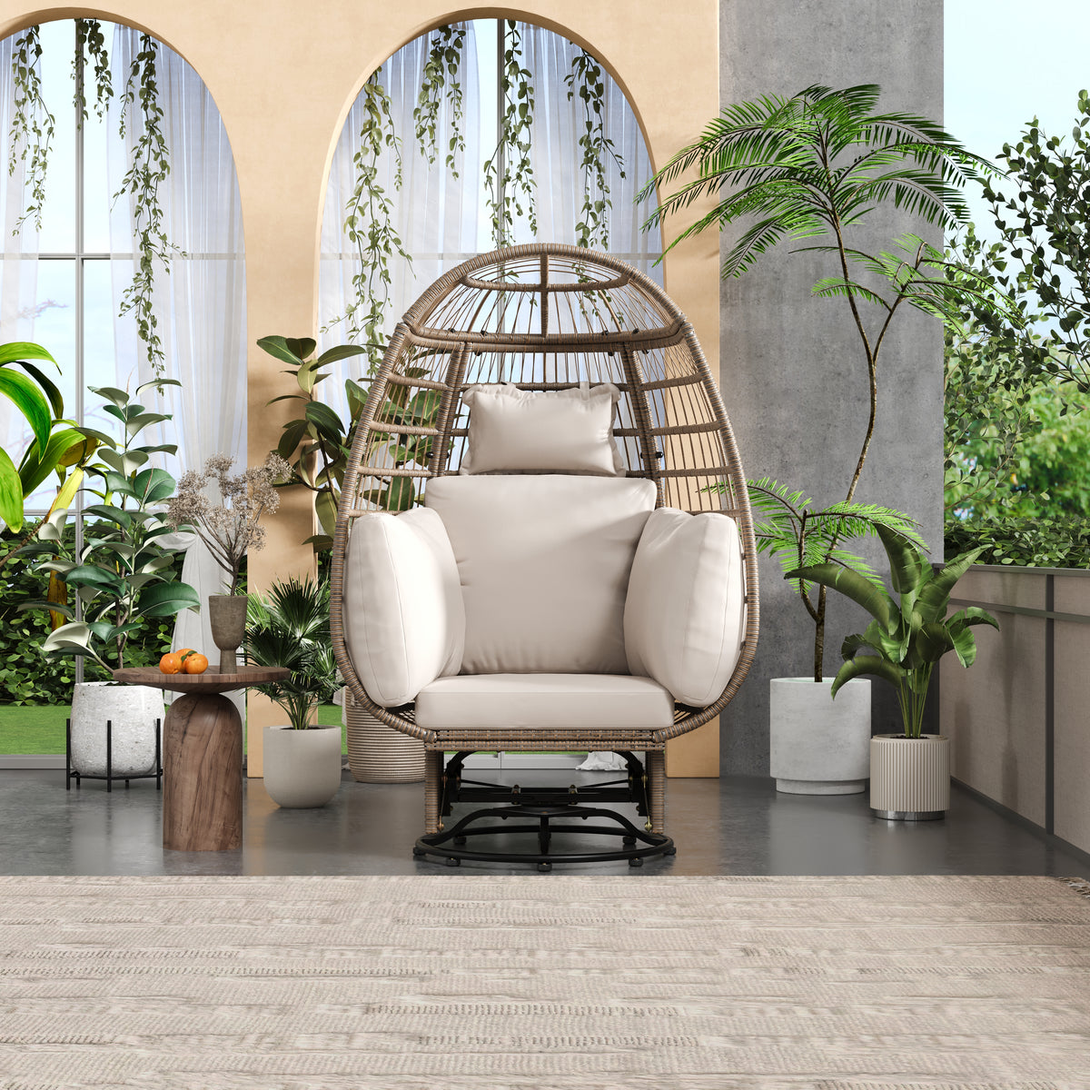 Outdoor Swivel Chair With Cushions, Rattan Egg Patio Chair With Rocking Function For Balcony, Poolside And Garden Natural Wicker Beige Cushion Natural Beige Wicker