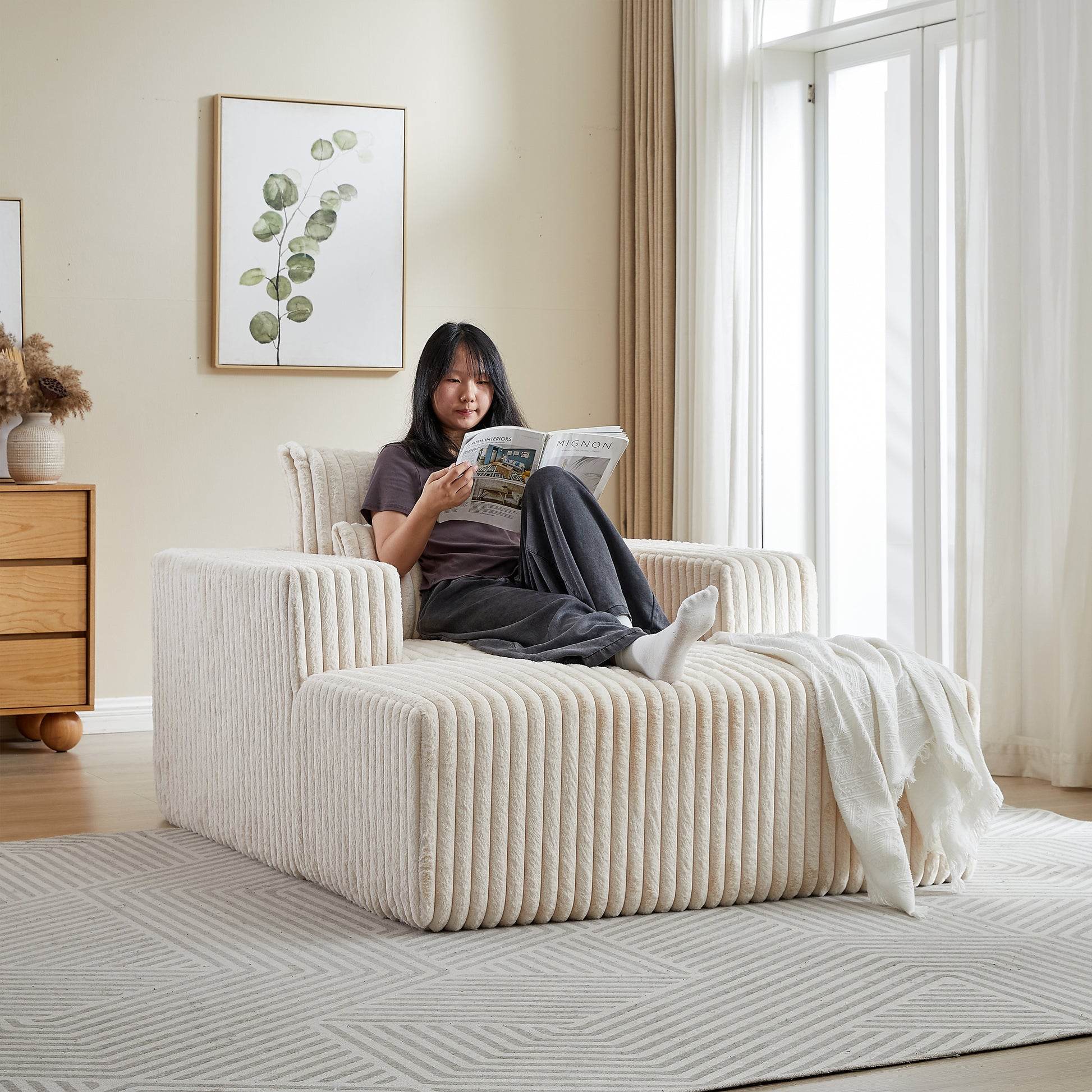 62.5 Inch Corduroy Sponge Sofa Lounge Chair,No Assembly Required,Fluffy Modern Sleeper Chair For Indoor Living Room Bedroom Beige Foam Corduroy 1 Seat