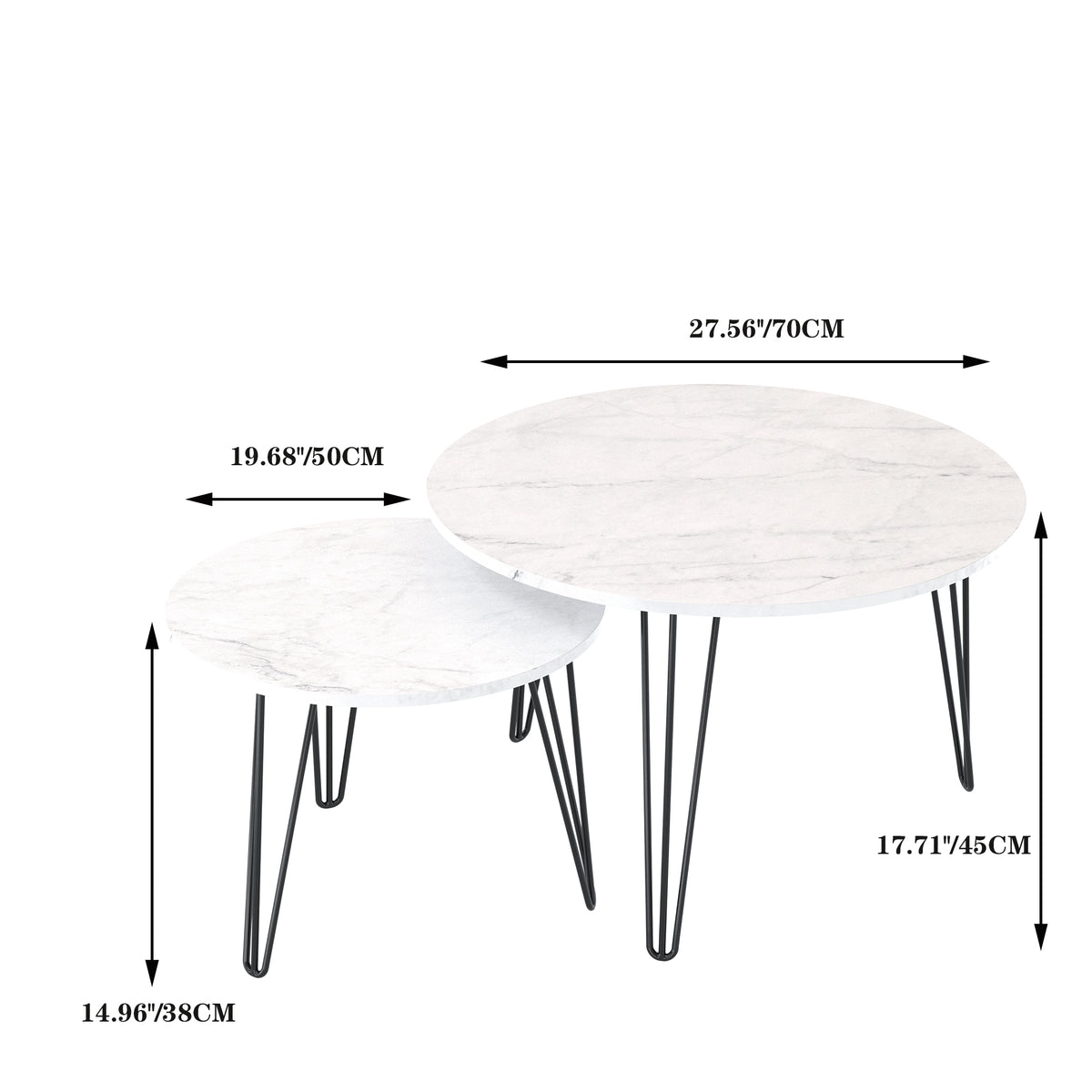 27.56'' Round Nesting Coffee Table Set Of 2, Circular Nesting End Table Set, Round Marble Tabletop, And Sturdy Metal Base For Living Room, Bedroom, White White Round Wood Metal