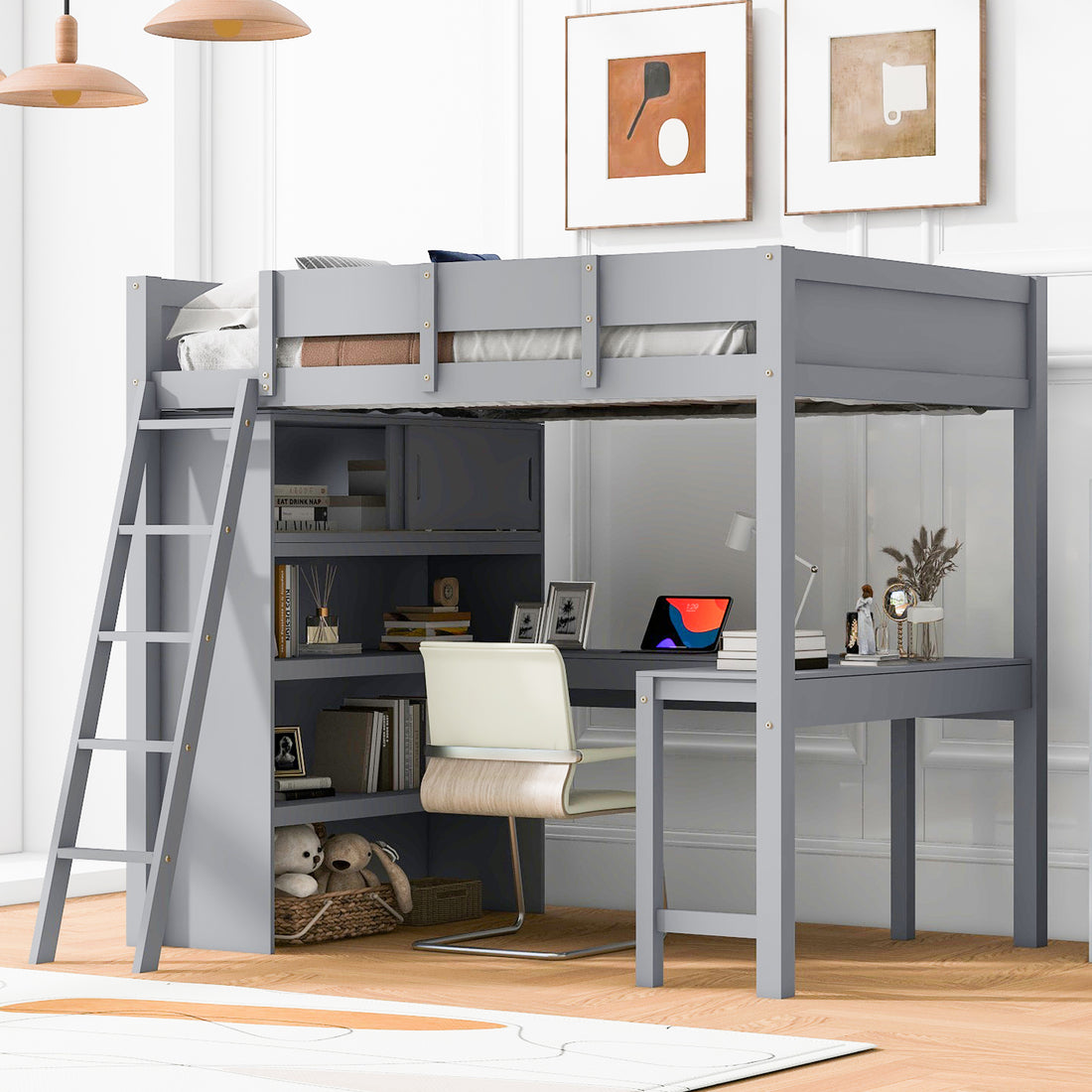 Full Size Loft Bed With Desk And Shelf Gray Full Gray Solid Wood