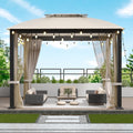10X10Ft Softtop Metal Gazebo With Mosquito Net&Sunshade Curtains,Sturdy Heavy Duty Double Roof Canopy,Galvanized Steel Design Outdoor Tent,Suitable For Gardens,Patio,Backyard Beige Rectangular None Garden & Outdoor Water Resistant Gazebos Anchored Fabric