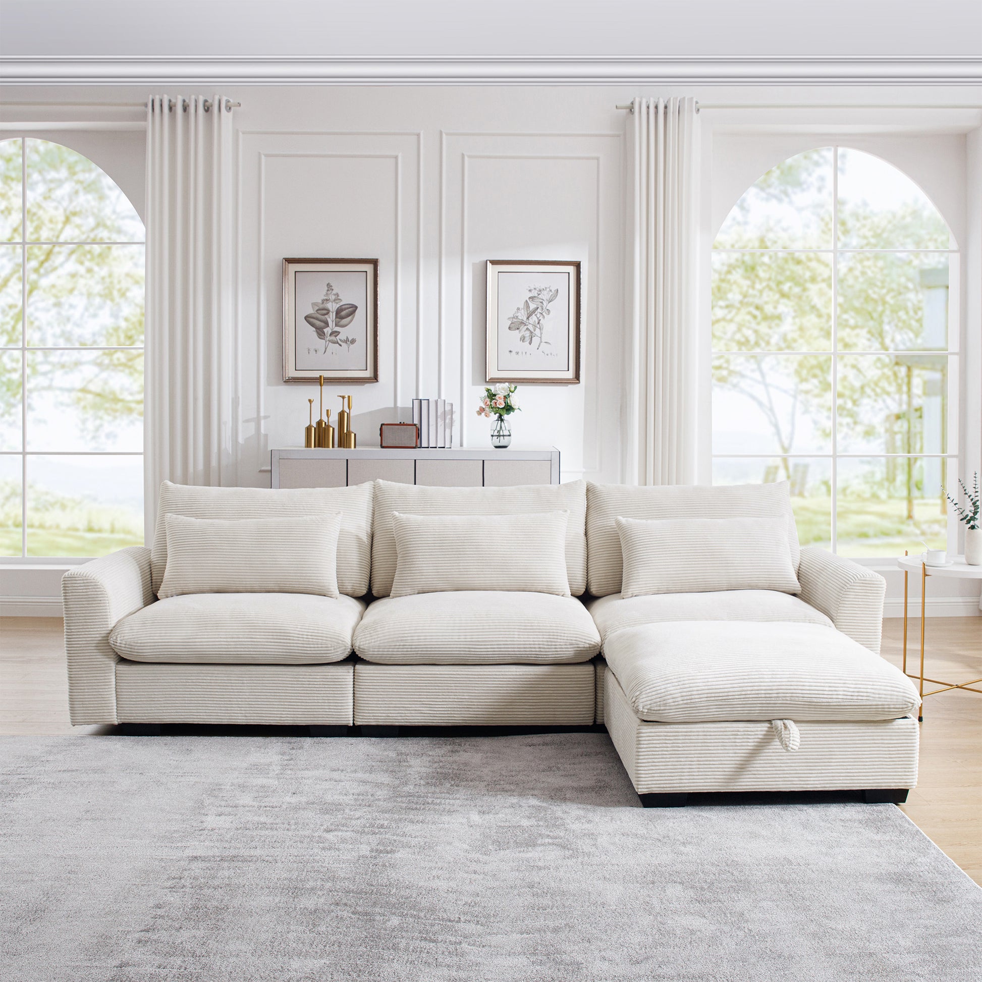 Corduroy Sectional Sofa, L Shaped Couch With Storage Footstool And 3 Pillow, Sectional Couch For Living Room Apartment, Beige Beige Corduroy 3 Seat