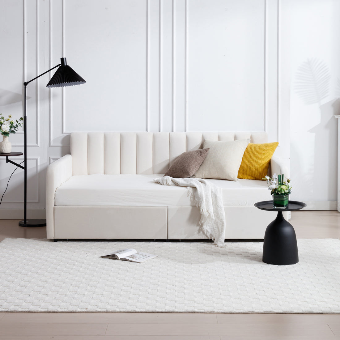Flora Upholstered Daybed With 2 Drawers, Twin, Ivory Velvet, Ribbed Tufted Backrest, Daybed In Lavish Modern Design Box Spring Not Required Twin Ivory Metal Bedroom Classic,Contemporary,Minimalist,Traditional,Transitional Daybeds Upholstered Upholstered