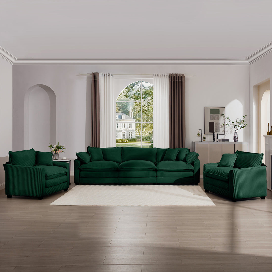 Luxurious And Sophisticated Sofa Set With Soft Cushions And Pillows, Home For Living Rooms And Clubs As Well As Home Theaters, Consisting Of Two Single Sofas And A 3 Seater Sofas In Green Corduroy Fab Green Corduroy 5 Seat
