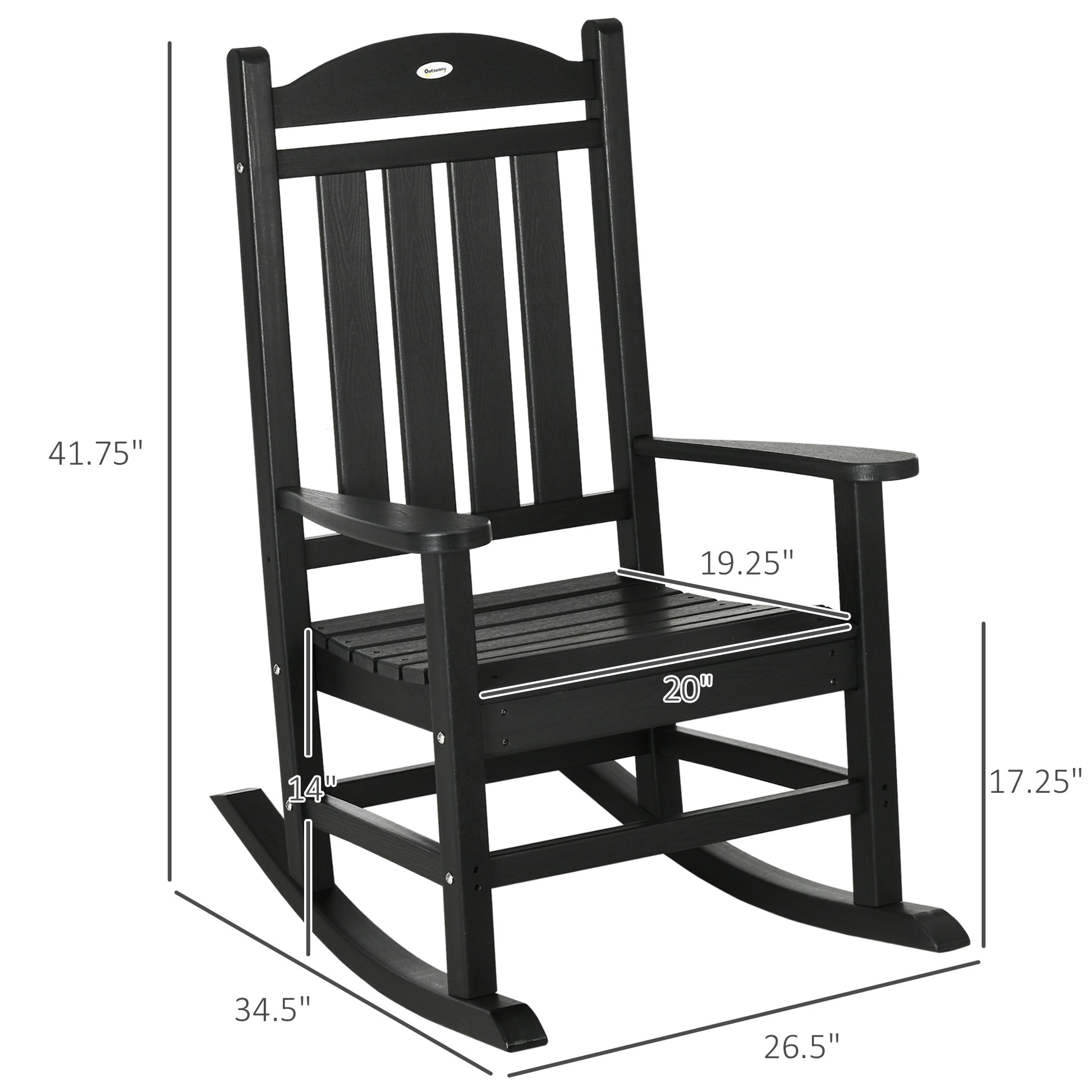 Outsunny Outdoor Rocking Chair, All Weather Resistant Hdpe Rocking Patio Chairs With Rustic High Back, Armrests, Oversized Seat And Slatted Backrest, 350Lbs Weight Capacity, Black Black Plastic