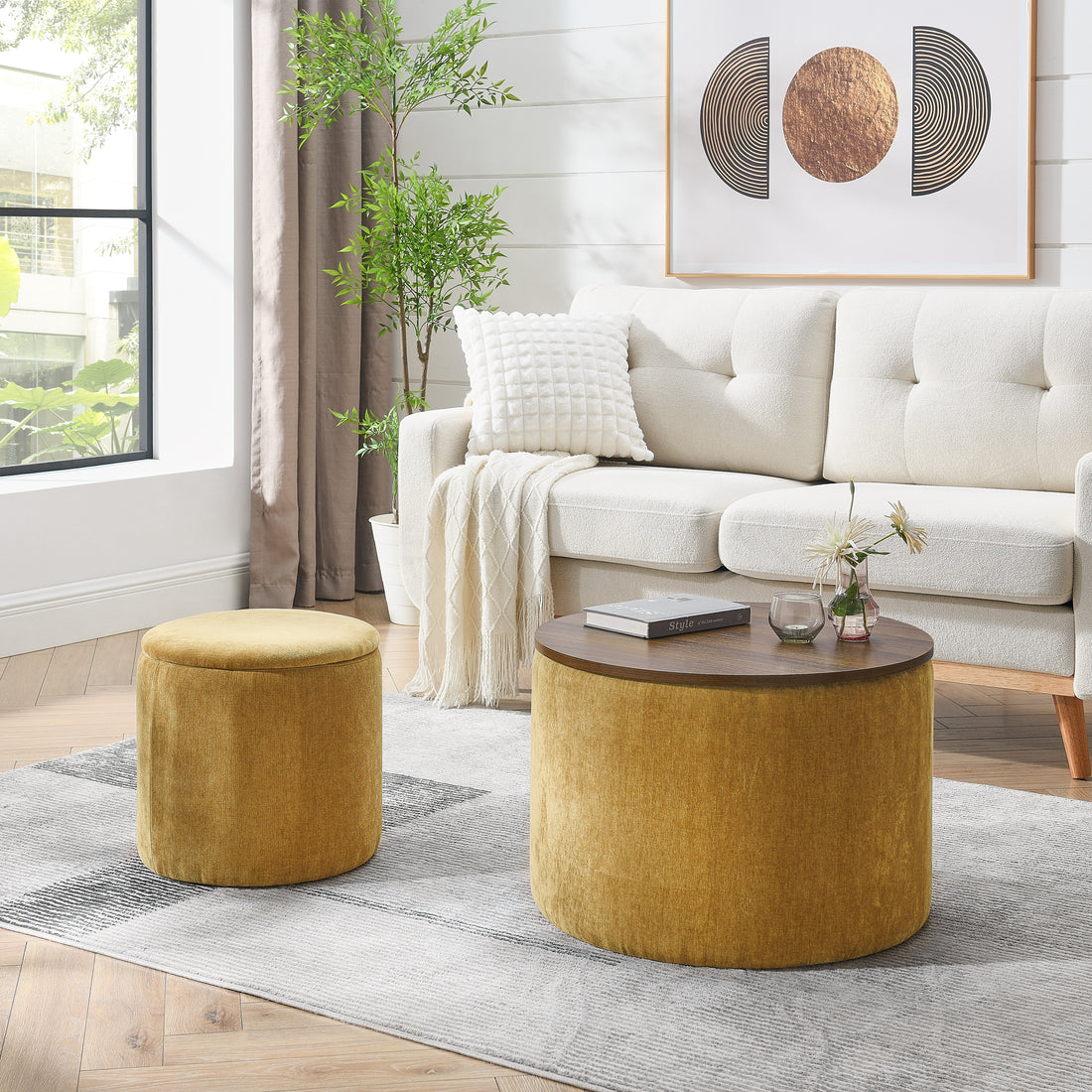 2 Piece Set Round Chenille Storage Ottoman, Equipped With A Drum Shaped Small Stool, Storage Space, And Mdf Made Desktop Panel Dark Yellow 23.62"X23.62"X16.53" Dark Yellow Chenille