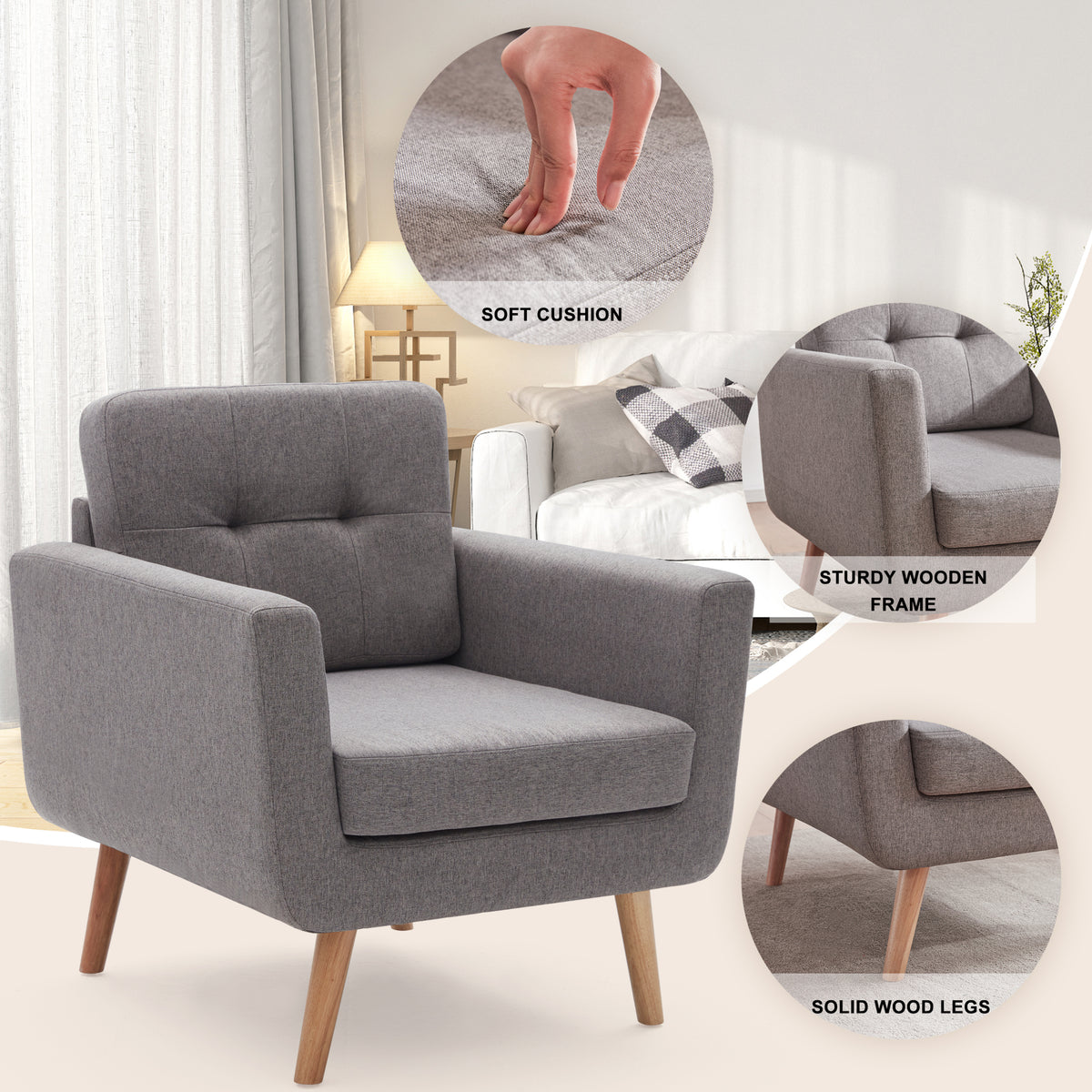 Accent Chair, Reading Chair For Living Room & Bedroom, Mid Century Modern Arm Chair, Button Tufted Upholstered Accent Chairs Sofa With Solid Wood Frame Stone Grey Grey Solid Wood