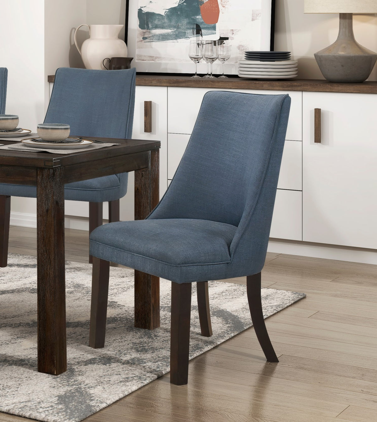 Blue Textured Fabric Upholstered Side Chairs Set Of 2, Dark Walnut Finish Wooden Legs Modern Dining Kitchen Furniture Blue Gray Dining Room Modern Side Chair Wood