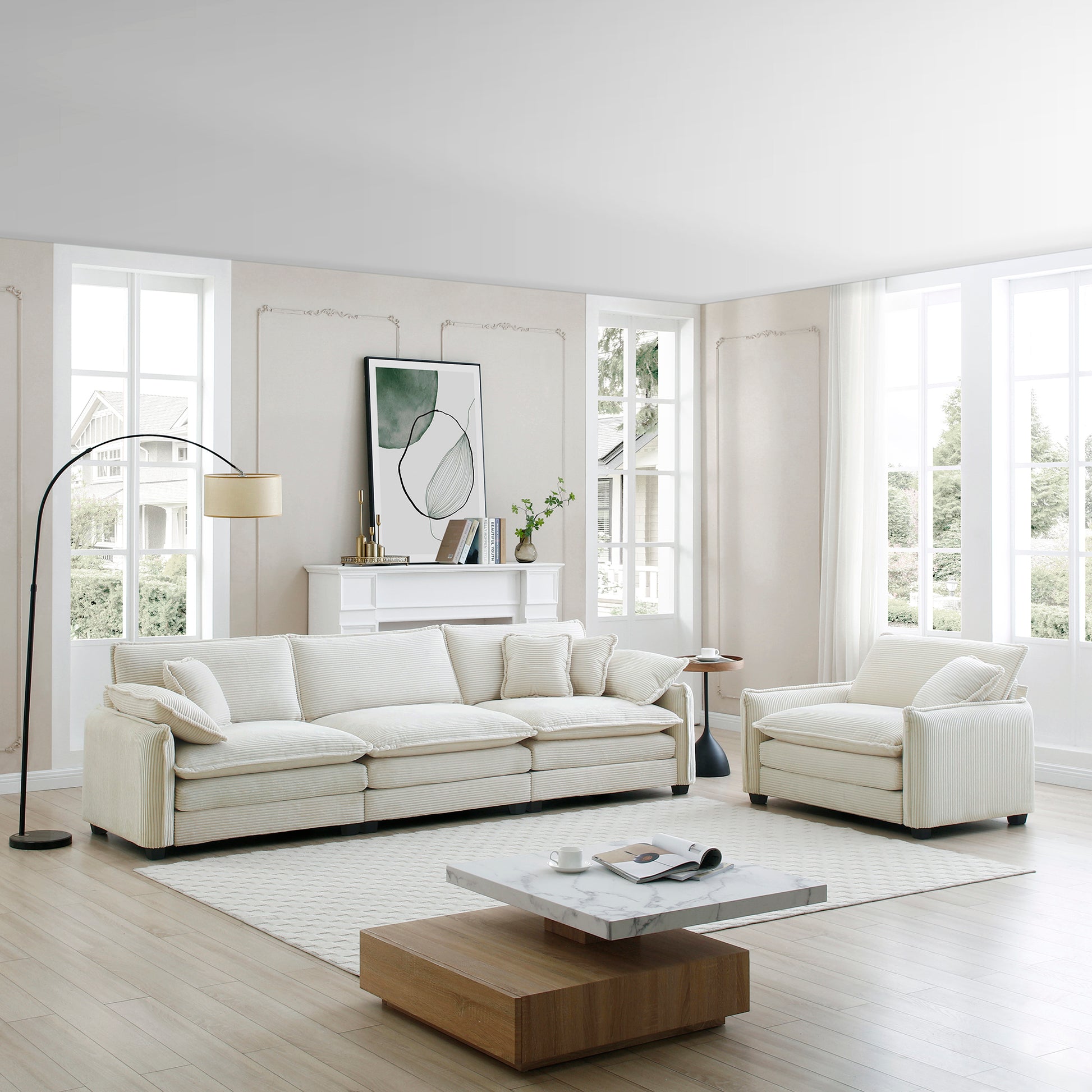 Mid Century Modern Sofa Set Of Two, One 3 Seater Sofa And One Single Seat Sofa With 2 Arm Pillows And 4 Throw Pillows,2 Pieces Sofa Set For Living Room, Beige Corduroy Fabric Beige Corduroy 4 Seat