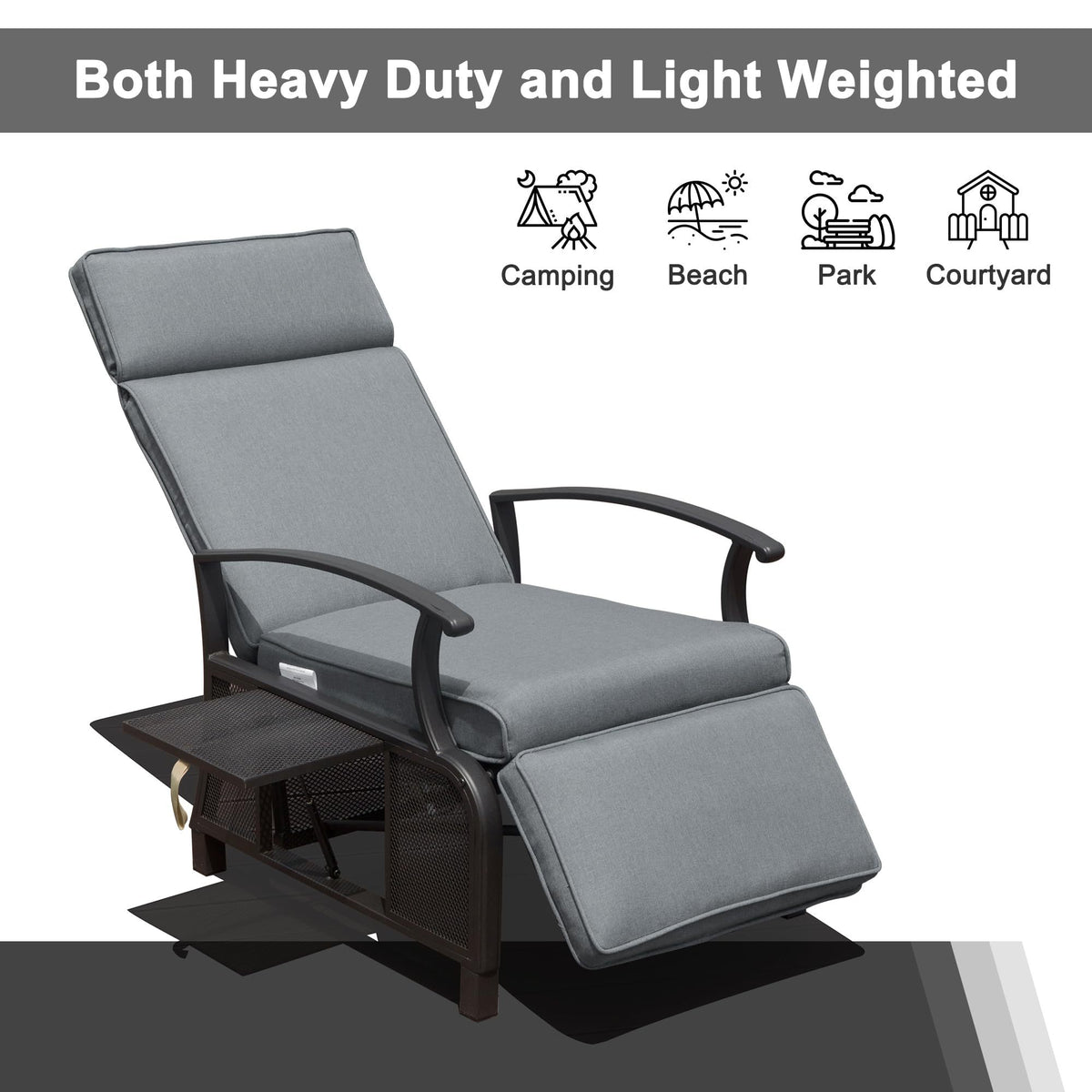 Adjustable Patio Recliner Chair Metal Outdoor Lounge Chair With Flip Table Push Back, Adjustable Angle, 6.8'' Removable Cushions, Support 350Lbs,Gray Yes Gray Garden & Outdoor Metal