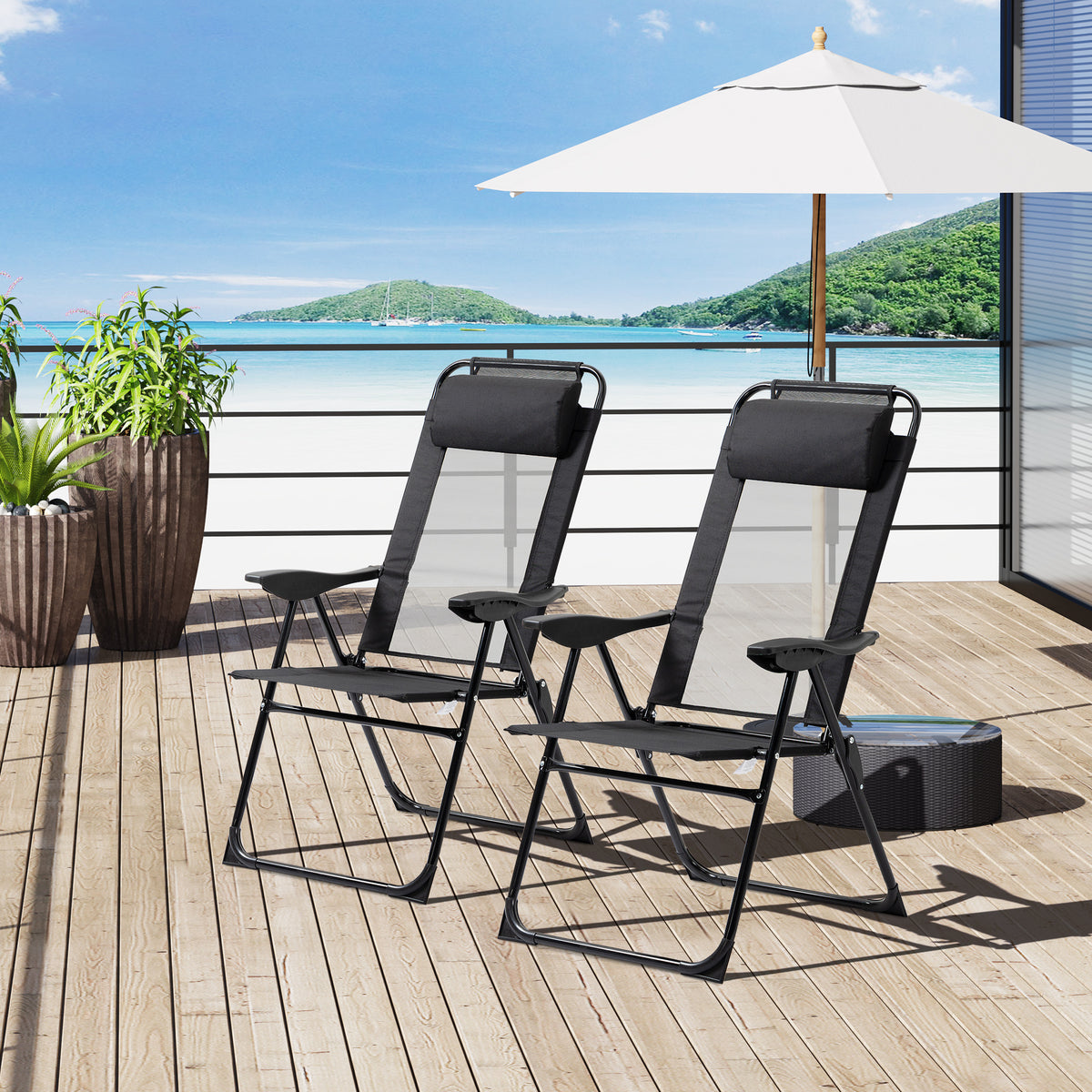 Outsunny Folding Patio Chairs Set Of 2, Outdoor Deck Chair With Adjustable Sling Back, Camping Chair With Removable Headrest For Garden, Backyard, Lawn, Black Black Fabric