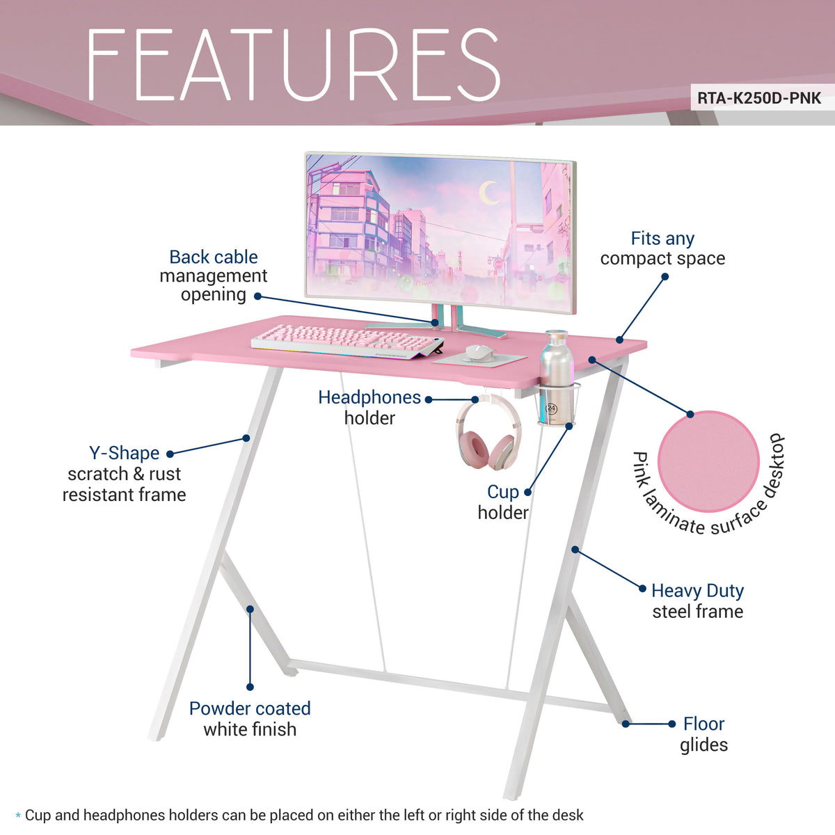 Techni Mobili Kids Gaming Desk, Pink Pink Office Modern Rectangular Rectangular Mdf Steel