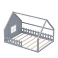 Full Size Wood House Bed With Window And Fence, Gray Old Sku: Wf304147Aae Box Spring Not Required Full Gray Wood Bedroom Pine Bed Frame Solid Wood Mdf