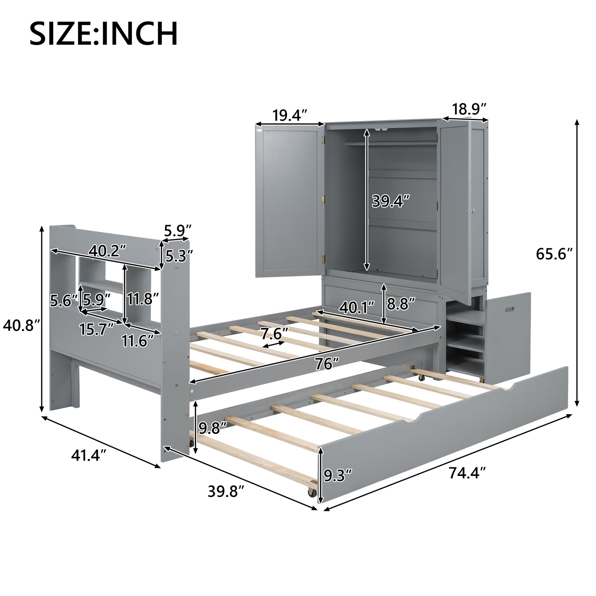 Twin Size Platform Bed With Storage Headboard And Footboard, Pull Out Shelves And Twin Size Trundle, Gray Box Spring Not Required Twin Gray Wood Bedroom Bed Frame Solid Wood Mdf
