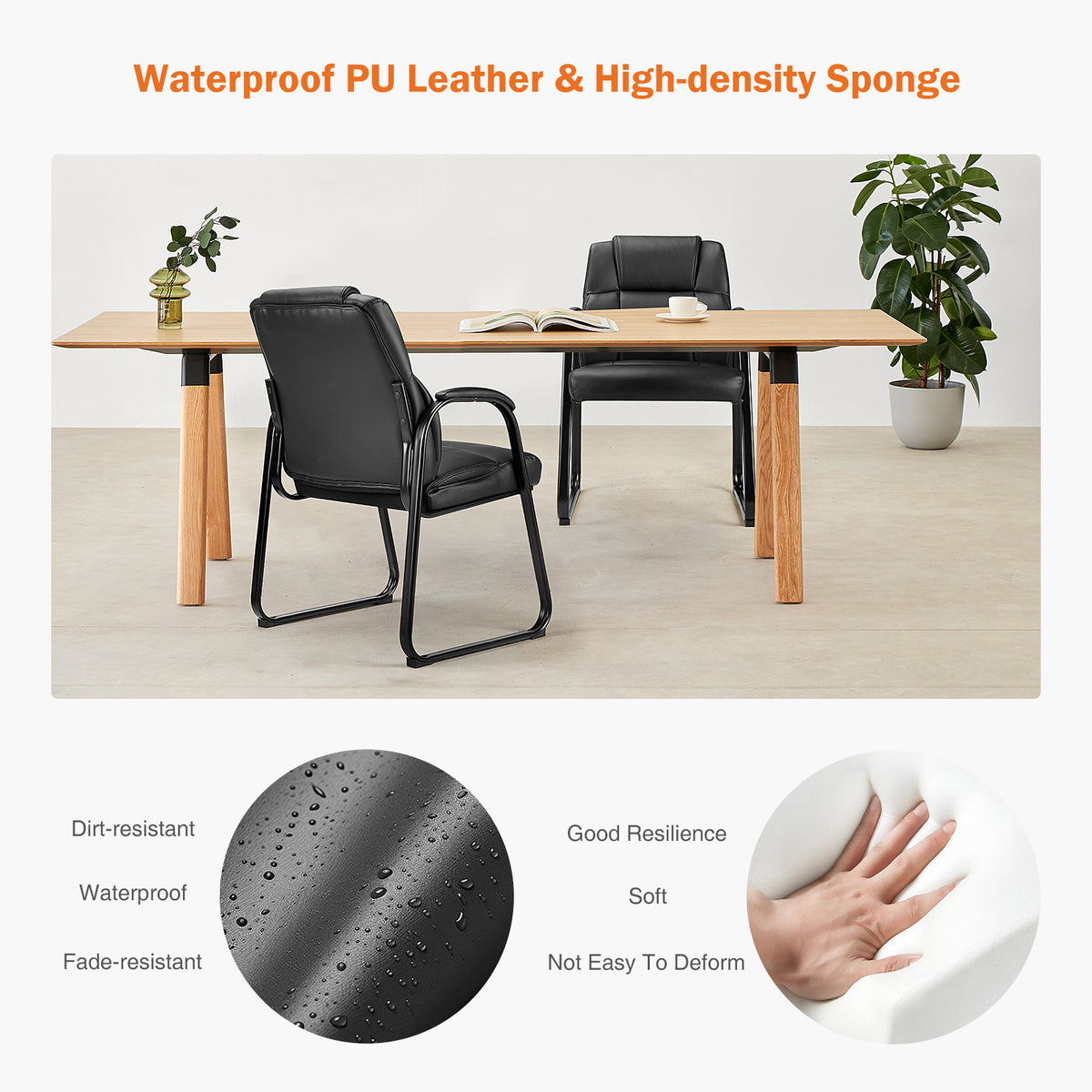 Leather Office Guest Chair No Wheels, Comfy Padded Arms And Seld Base, For Reception Conference Room Set Of 2 Black Stainless Steel