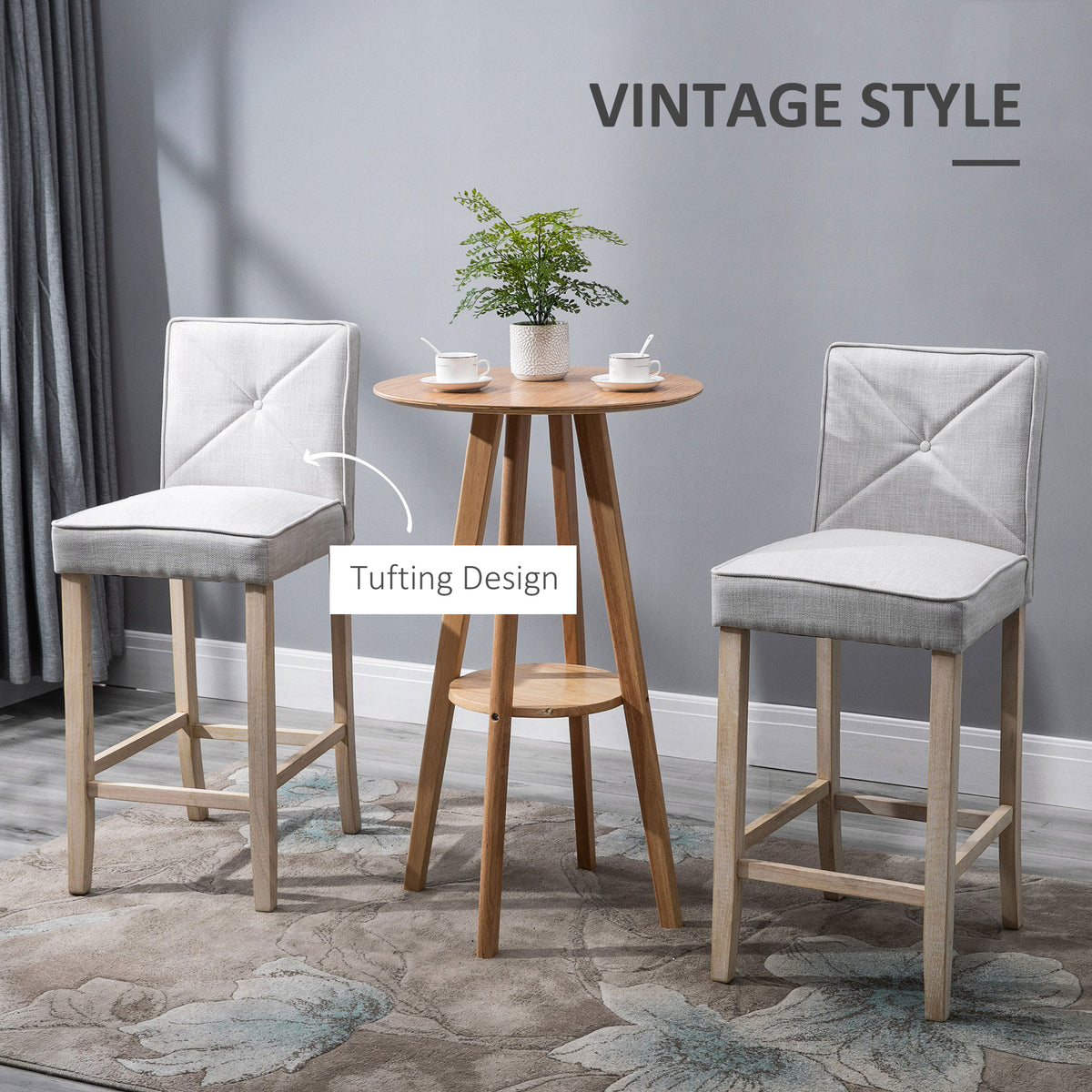 Homcom Modern Bar Stools Set Of 2, Upholstered Bar Height Kitchen Stools With Build In Footrest, Solid Wood Legs, Beige Beige Polyester