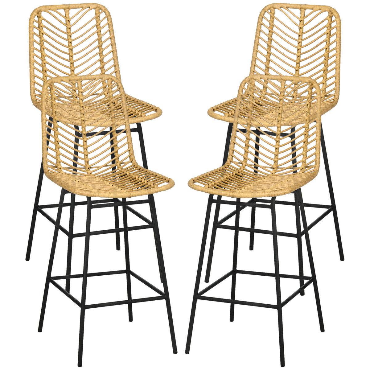 Homcom Rattan Bar Stools Set Of 4, 26" Counter Height Barstools, Boho Kitchen Island Stools Withwicker Seat And Back, Yellow Yellow Rattan