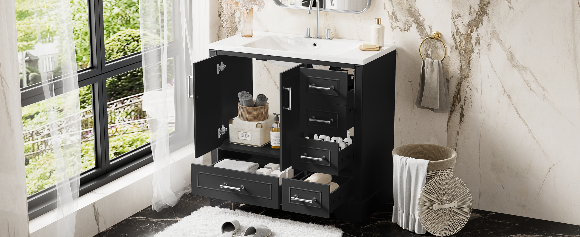 36 Inch Traditional Bathroom Vanity With Resin Sink Combo Set, Black Bathroom Cabinet With Two Doors And Four Drawers Black Bathroom Solid Wood Mdf Resin