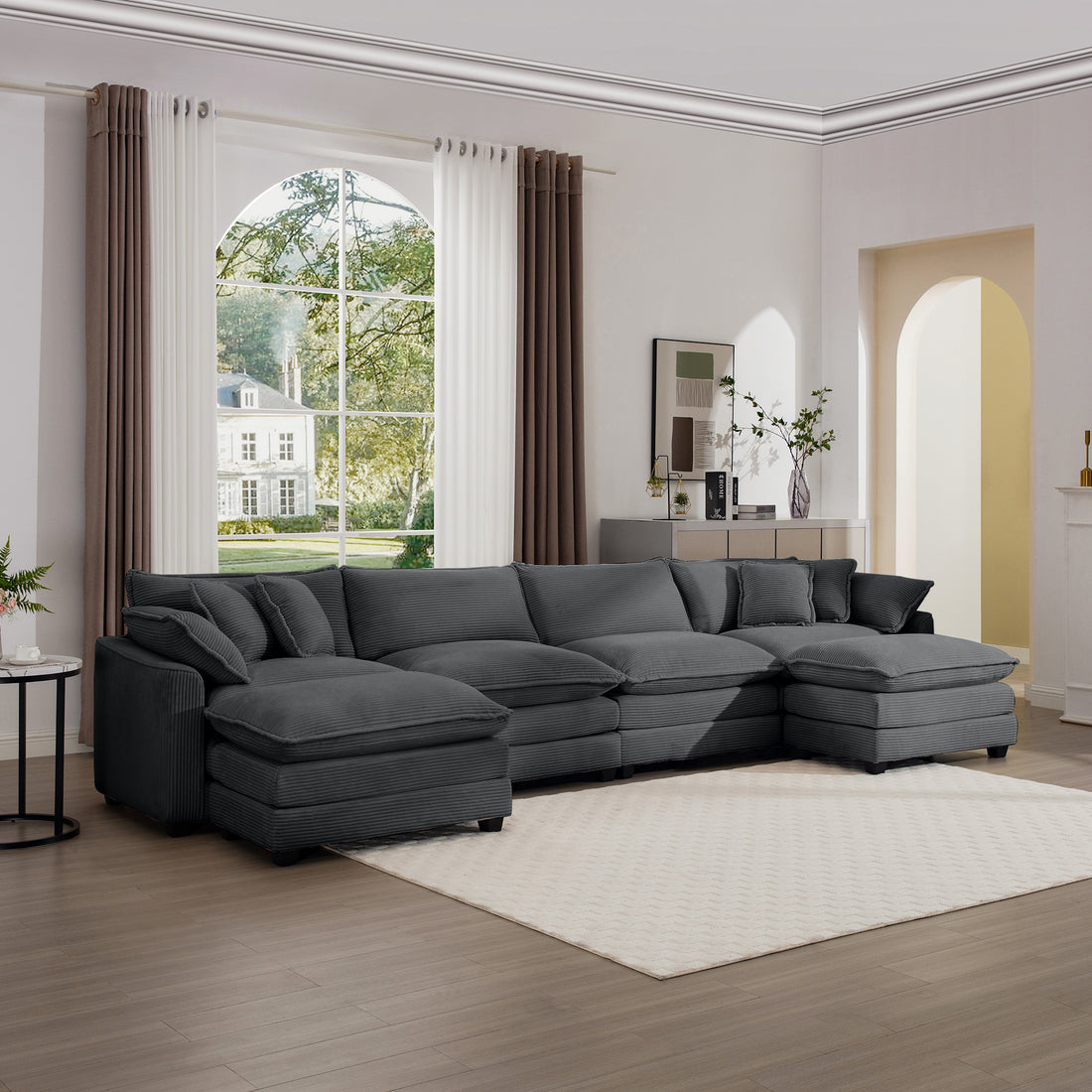 Corduroy Sofamodern Upholstered 4 Seater With 3 Footstools Corduroy Fabric Sofaoffice Living Room Apartment Comfortable Sofa, Easy To Assemble With 2 Arm Pillows And 4 Throw Pillows Grey Corduroy 4 Seat